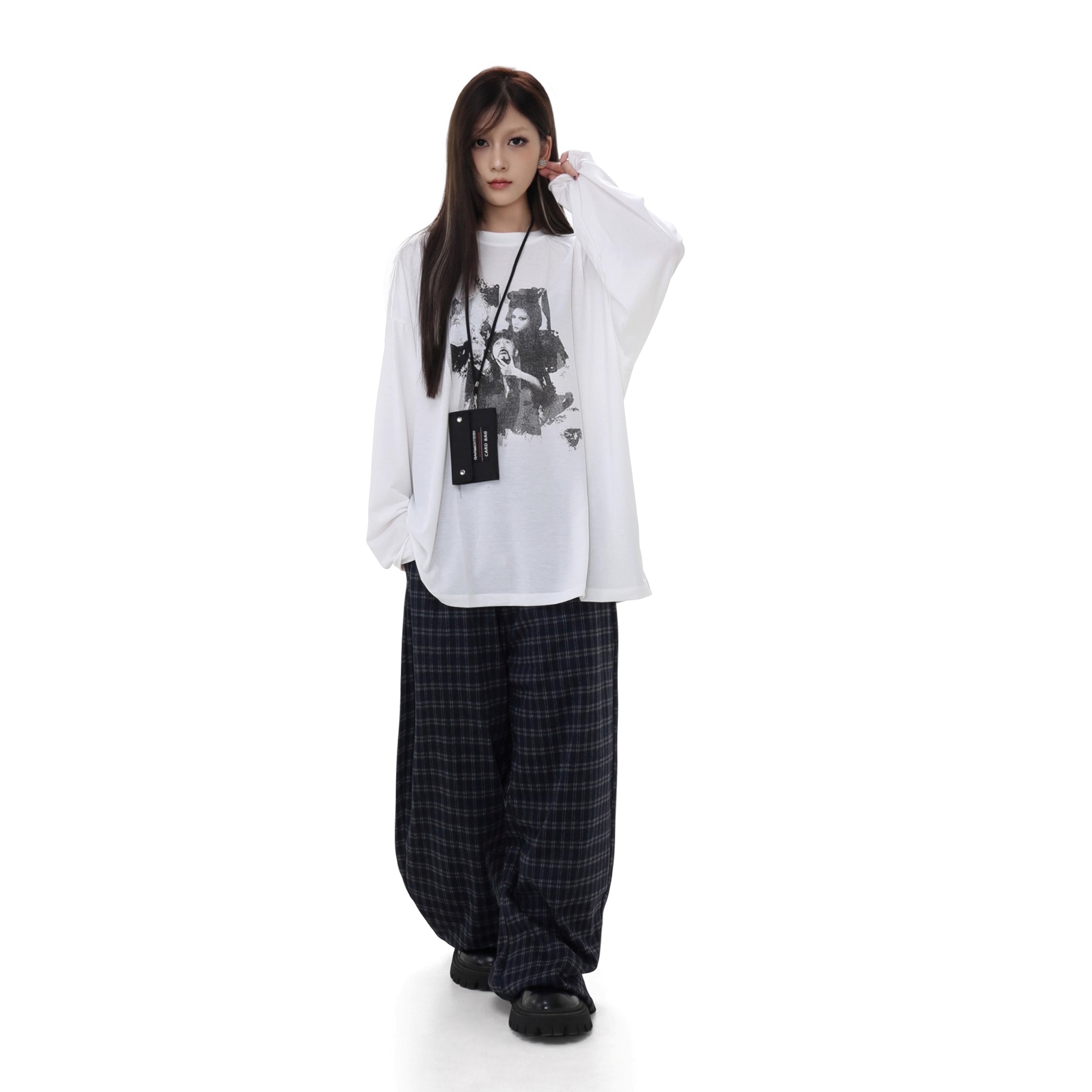 Elastic Waist Plaid Wide-leg Pants GB7038