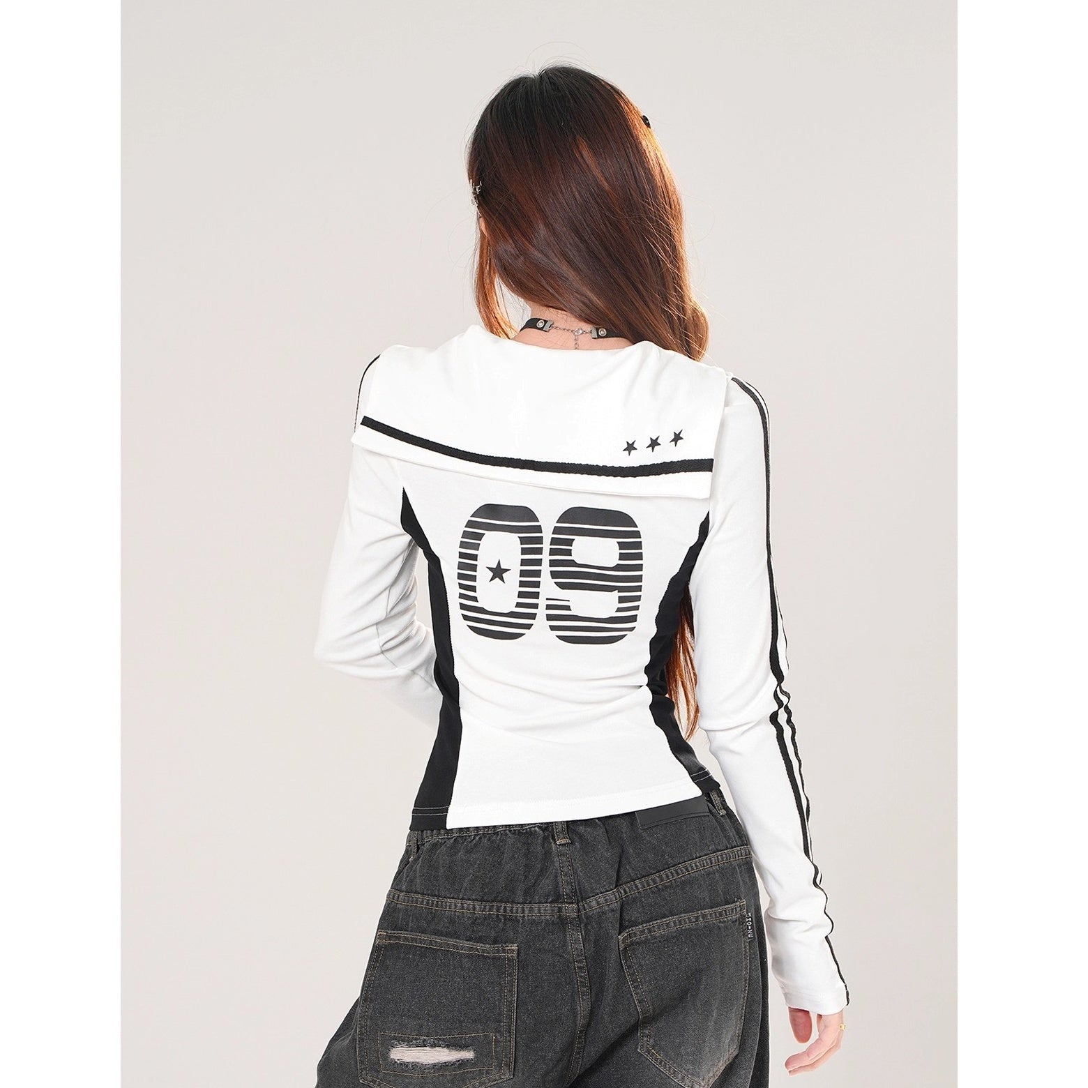 Sailor Collar Long-sleeved Bicolor T-shirt KK2079