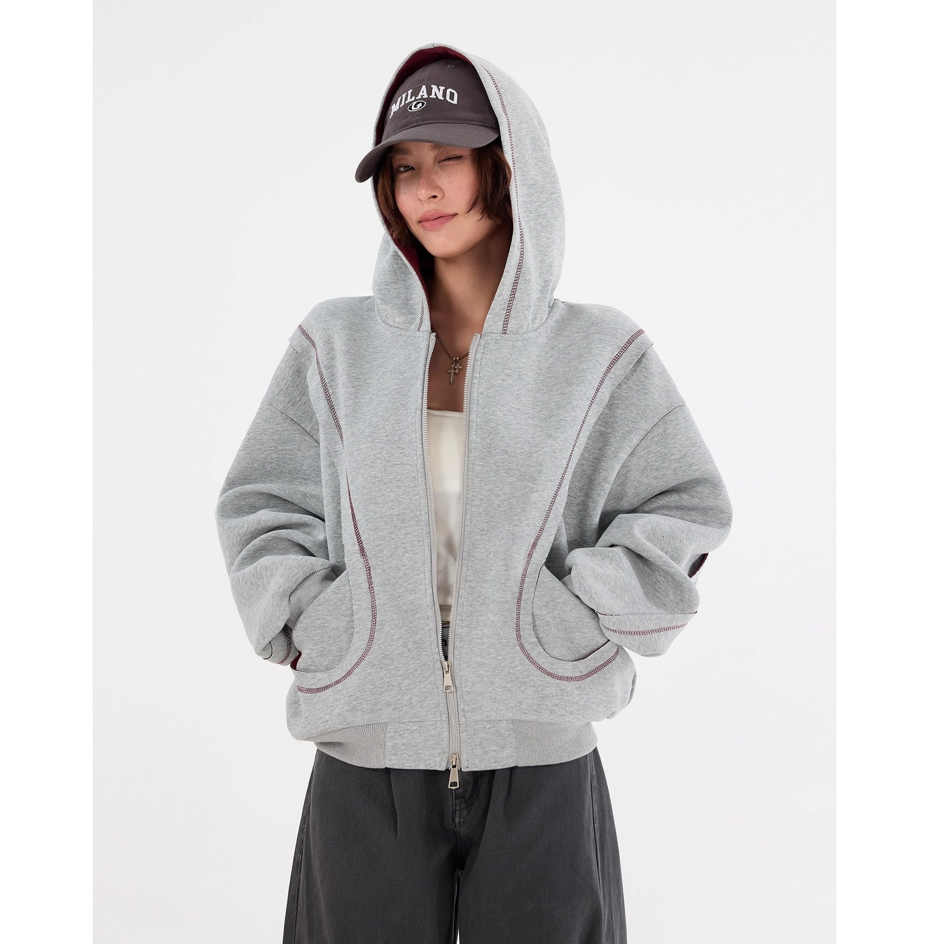 Contrast Splicing Design ZIP-up Hooded Sweat MW10240