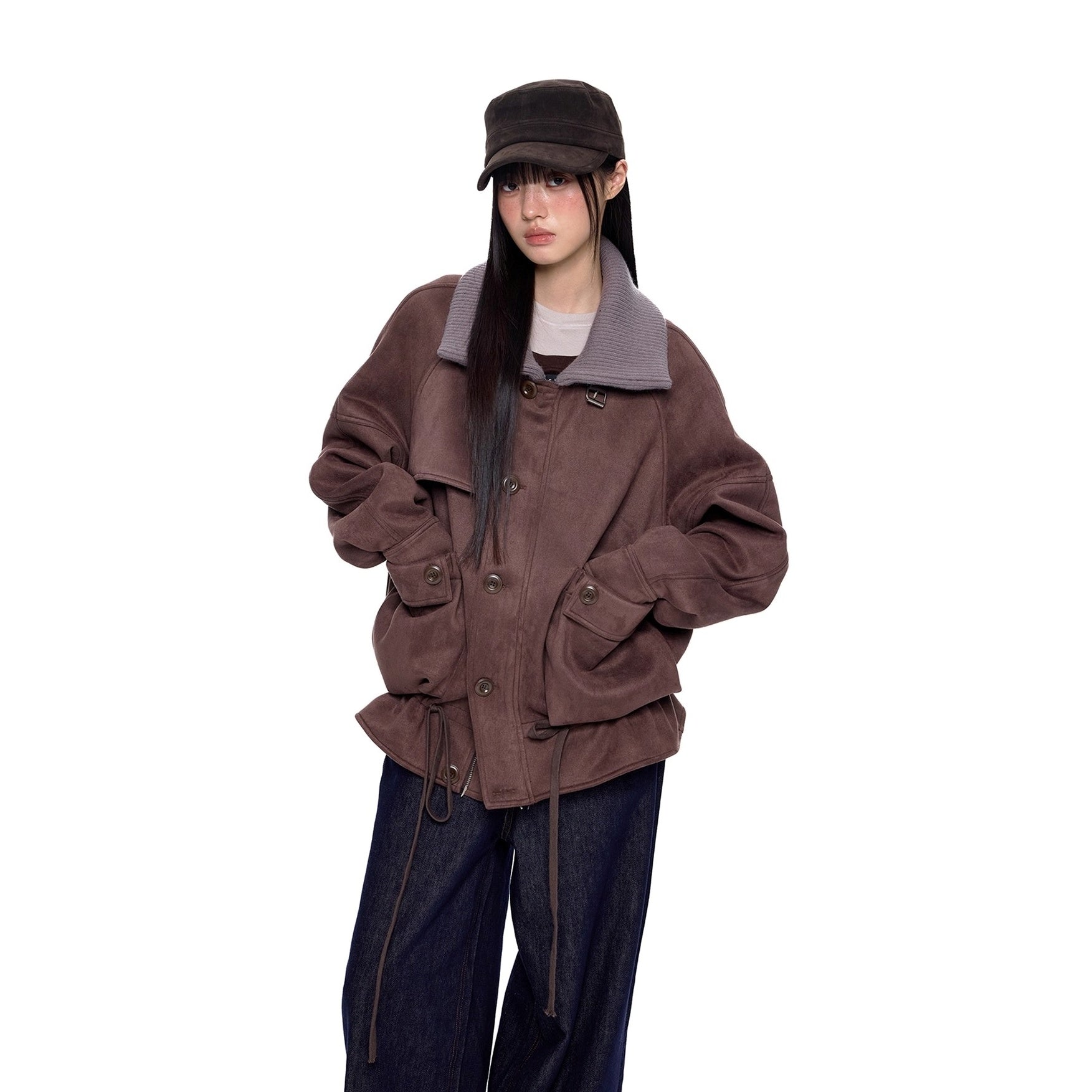 Knitted High Neck Drawstring Faux Suede Jacket EZ252