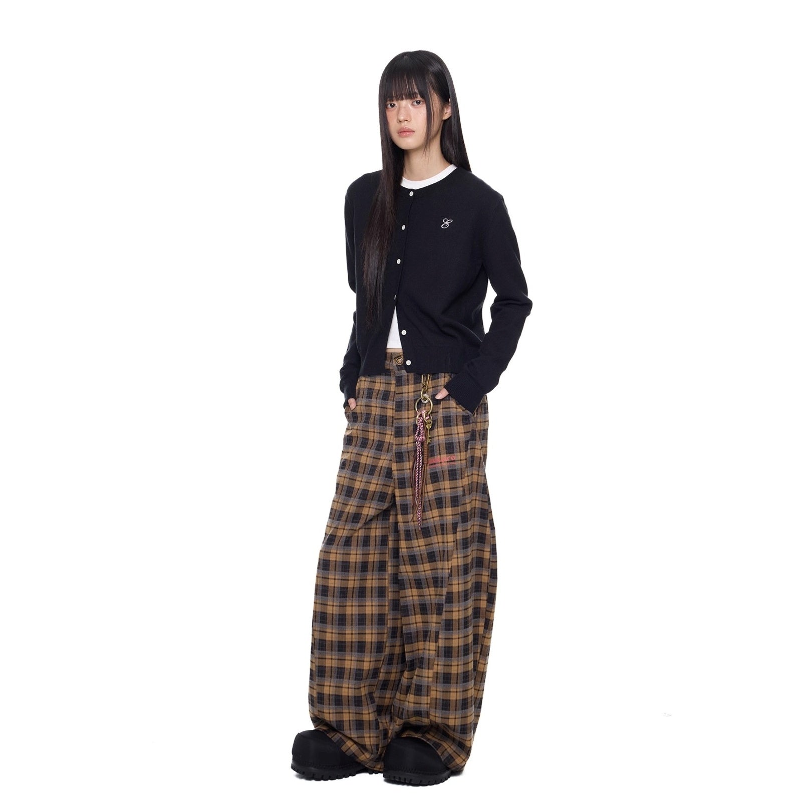 Retro Plaid Switching Wide Curve Pants EZ268