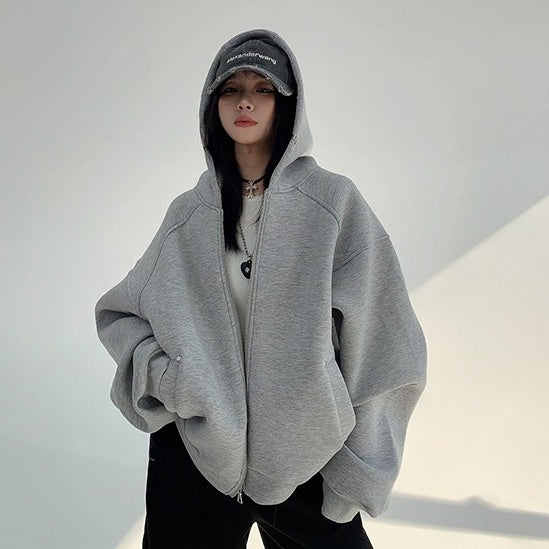Switching Design Loose Zip Hooded Jacket OS2031