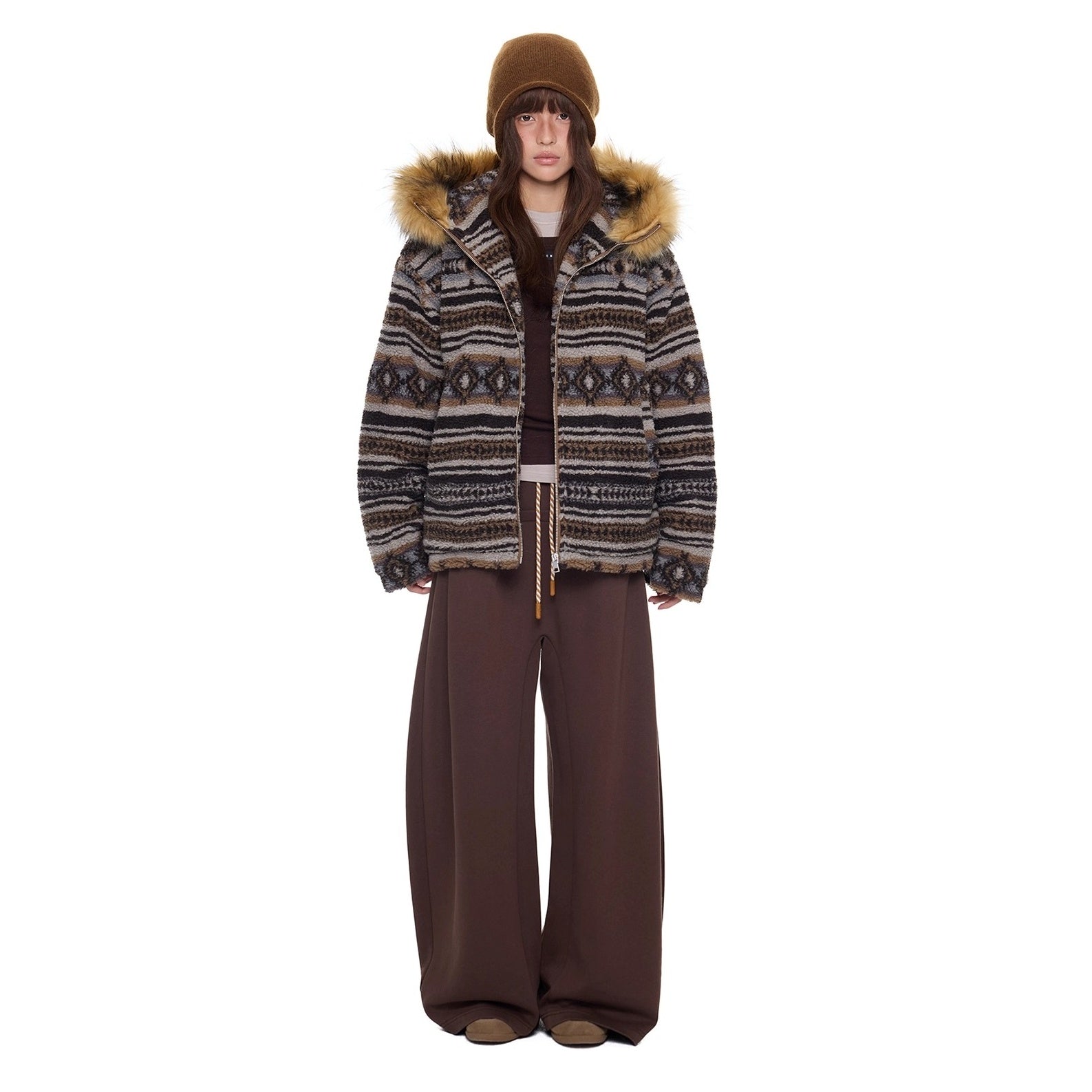 Ethnic Pattern Fur Collar Hooded Jacket EZ280