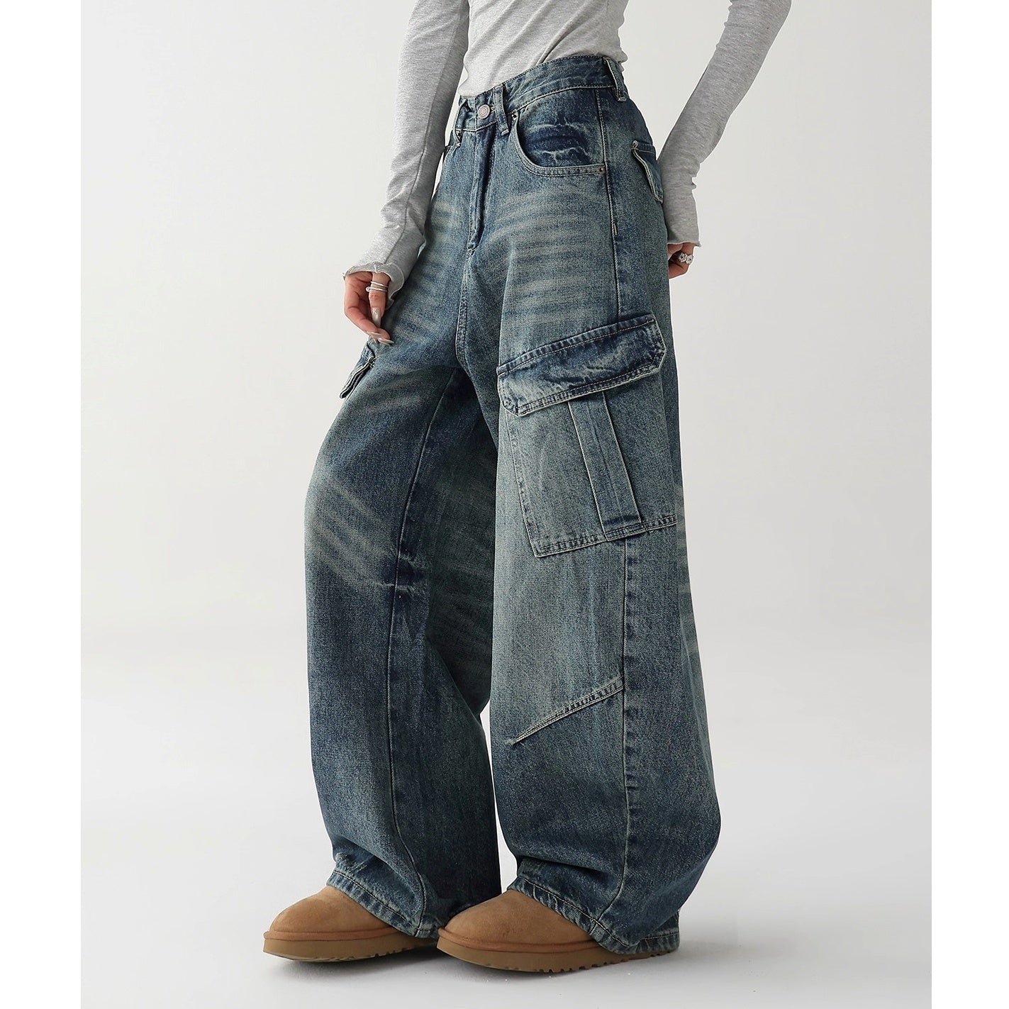 Washed Denim Cargo Curve Pants AC7149