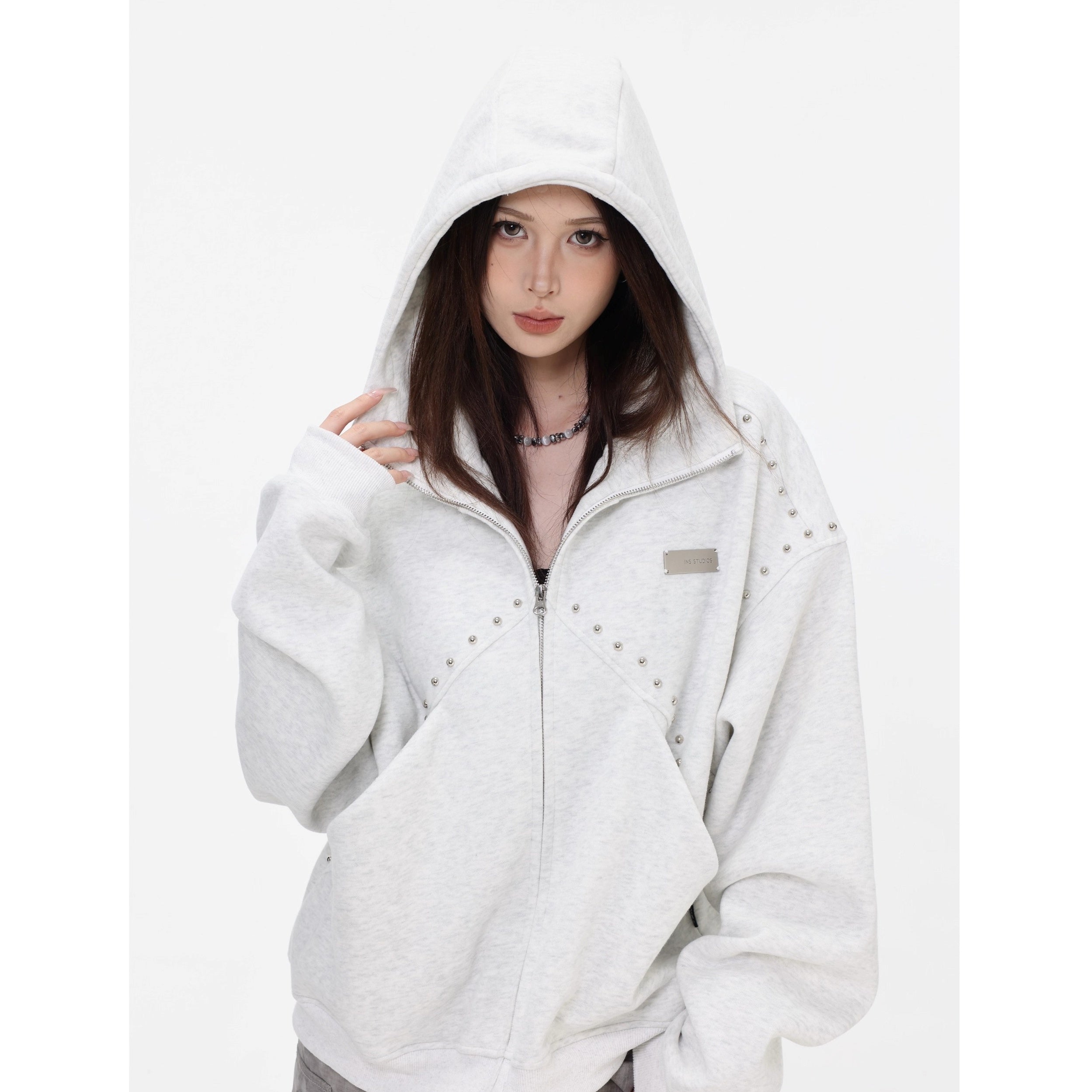 Stitched Rivet Zipper Hooded Jacket IN7016