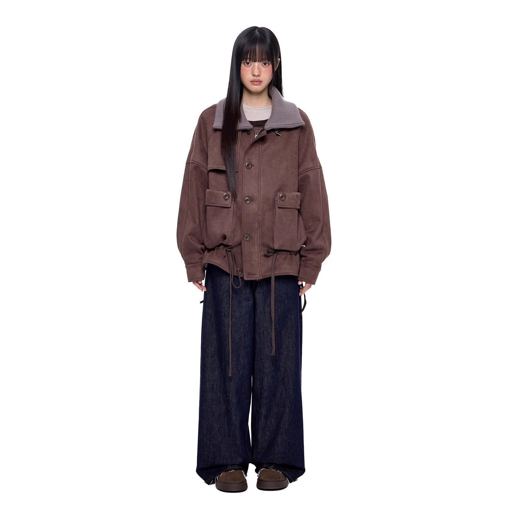 Knitted High Neck Drawstring Faux Suede Jacket EZ252