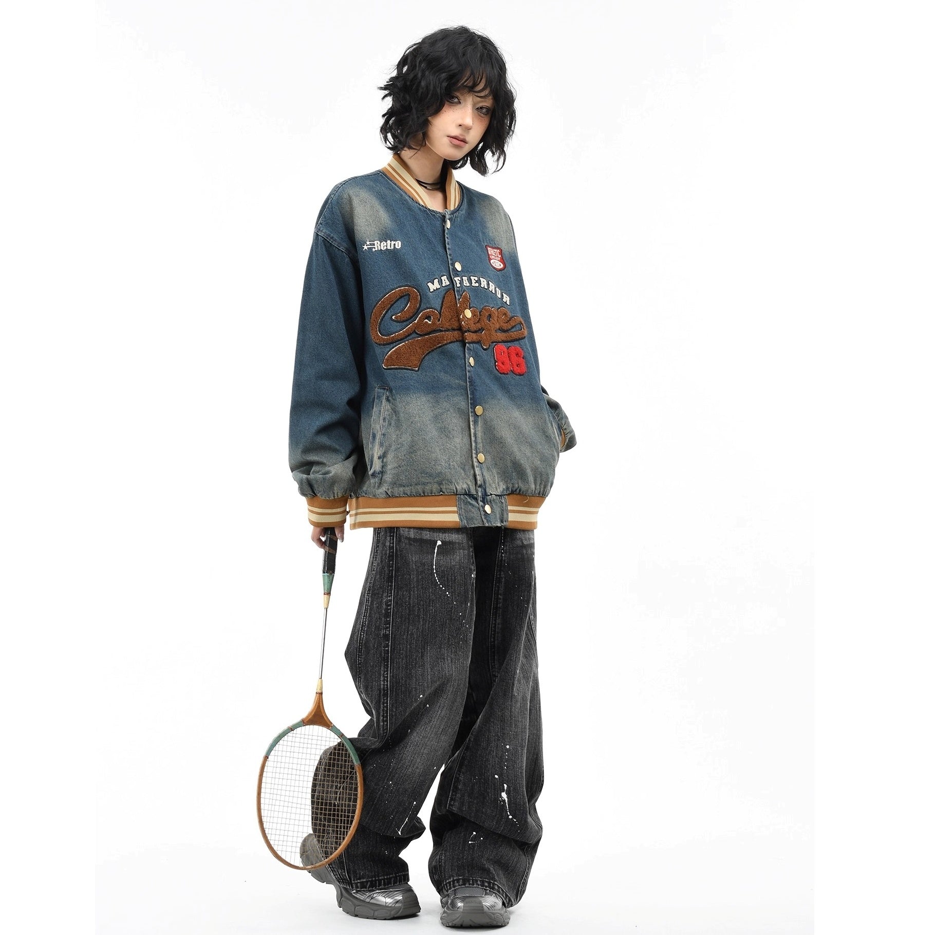 Retro Washed Embroidered Denim Baseball Jacket MW10303