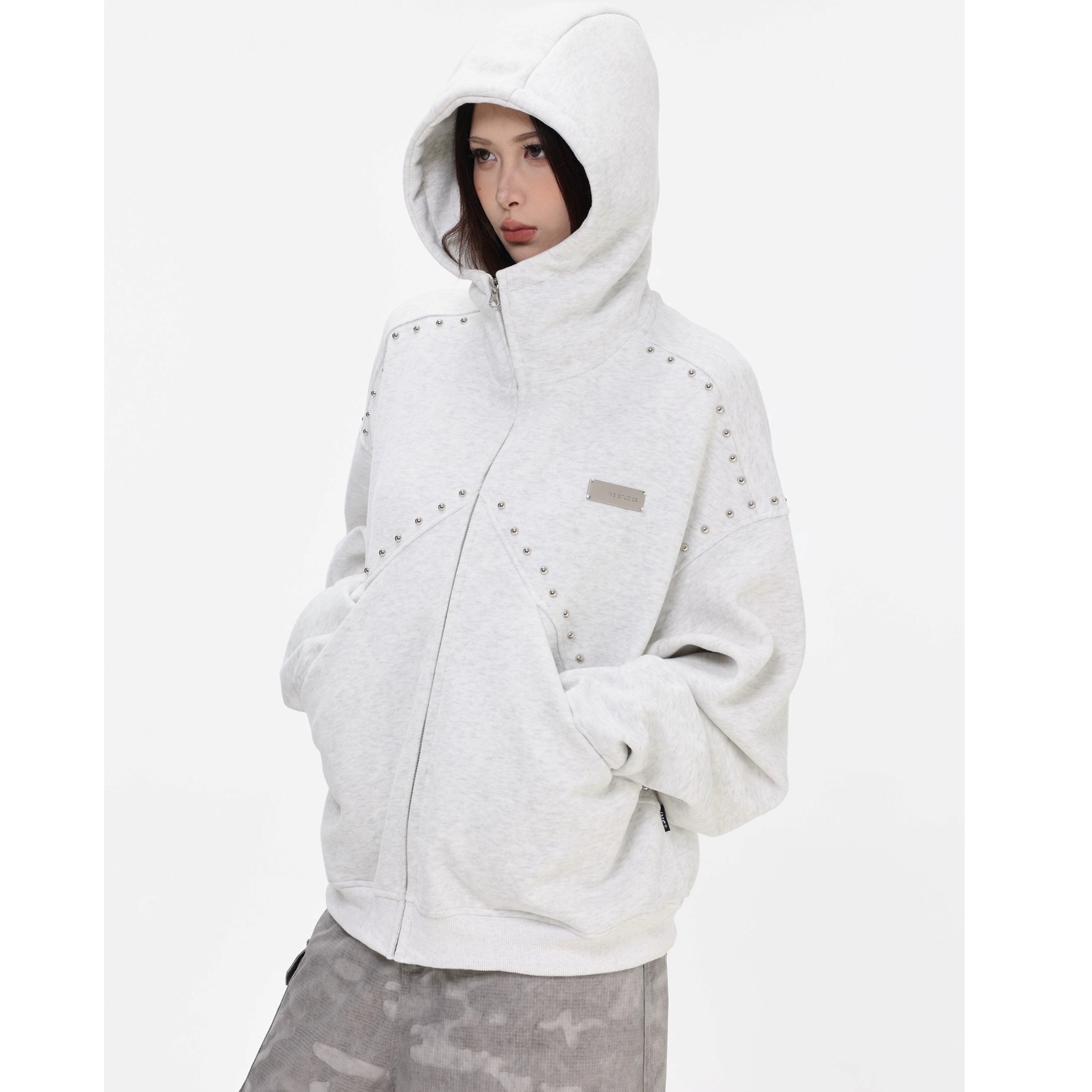 Stitched Rivet Zipper Hooded Jacket IN7016