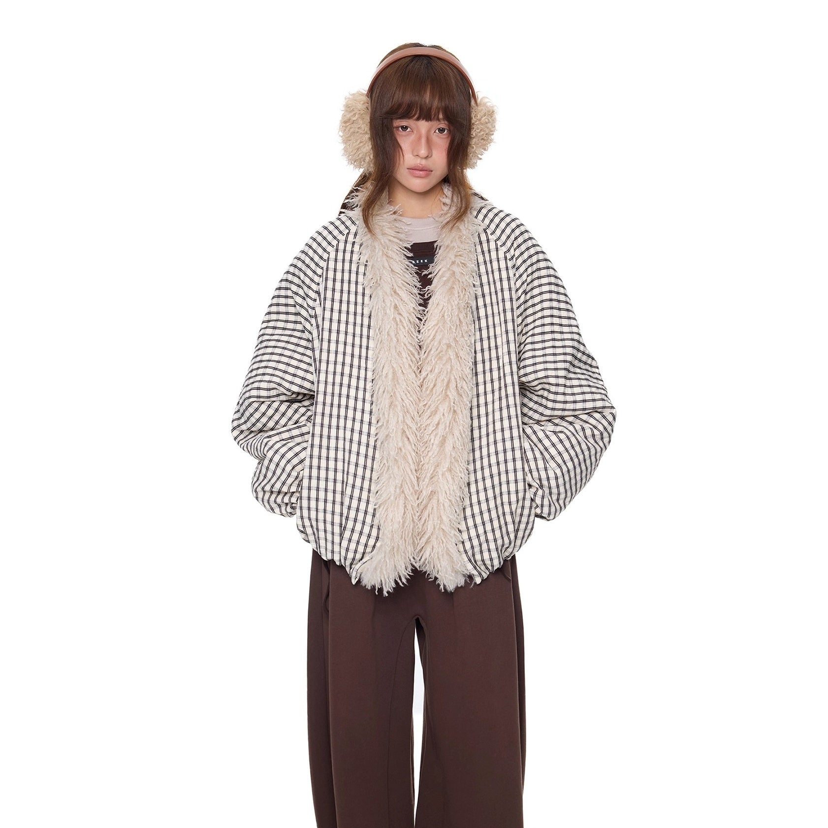 Plaid Fur No-Collar Padded Jacket EZ292