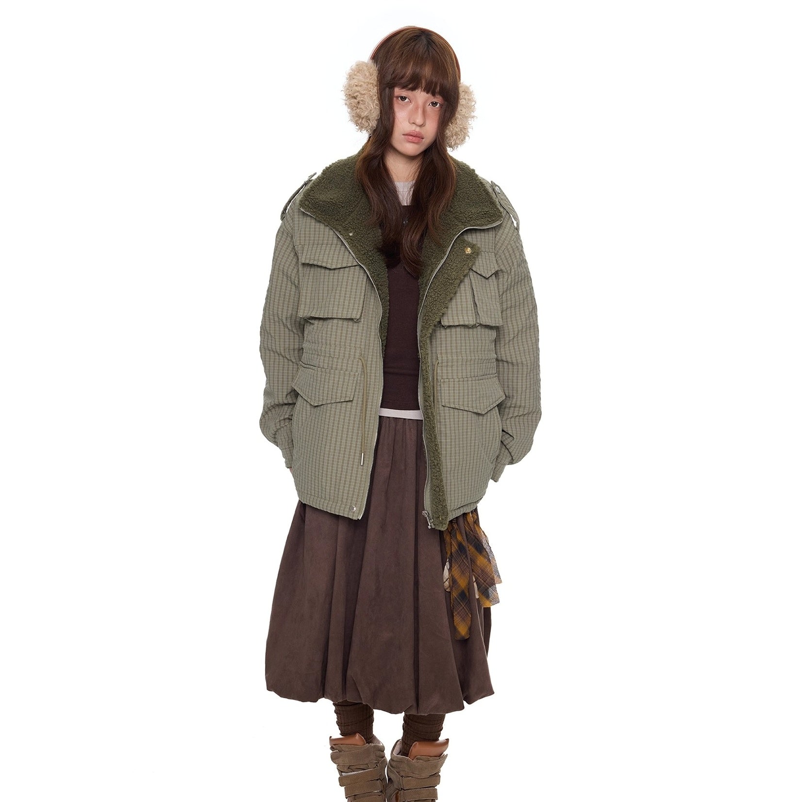 Fluffy Plaid Cargo Pocket Padded Jacket EZ284