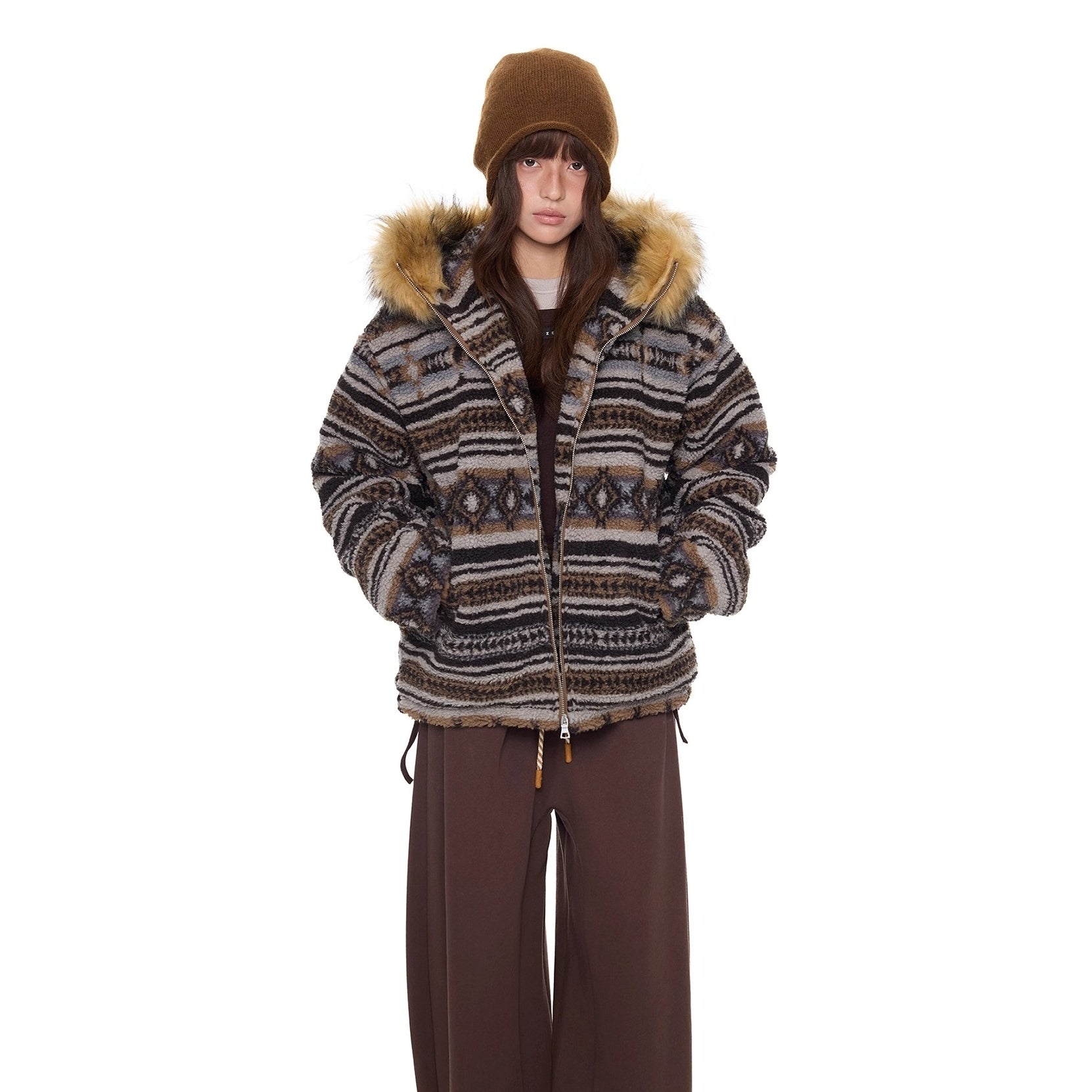 Ethnic Pattern Fur Collar Hooded Jacket EZ280