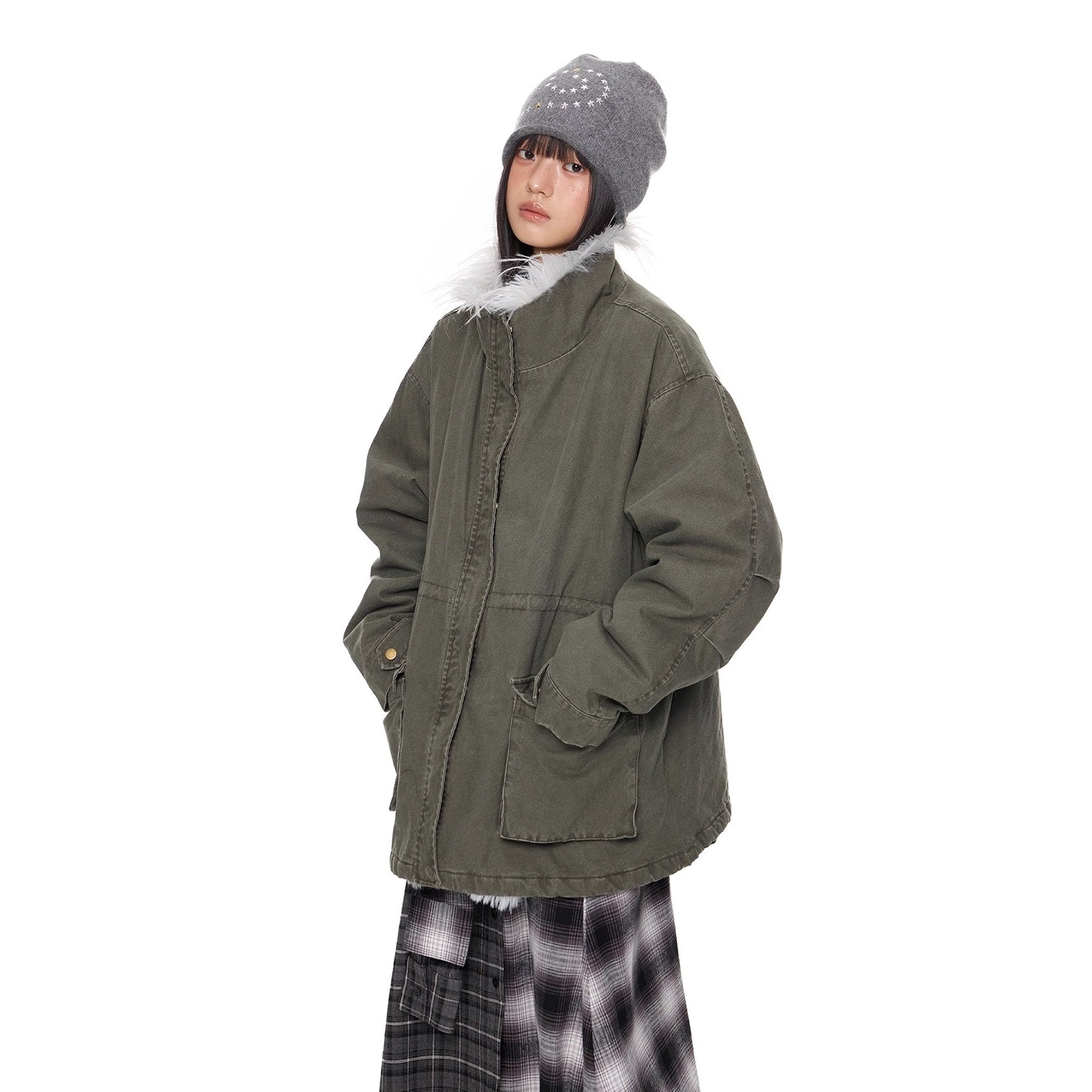 Hairy Stand Collar Washed Work Jacket EZ282