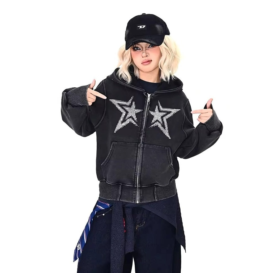Rhinestone Star Decoration Hooded Parka MW10387