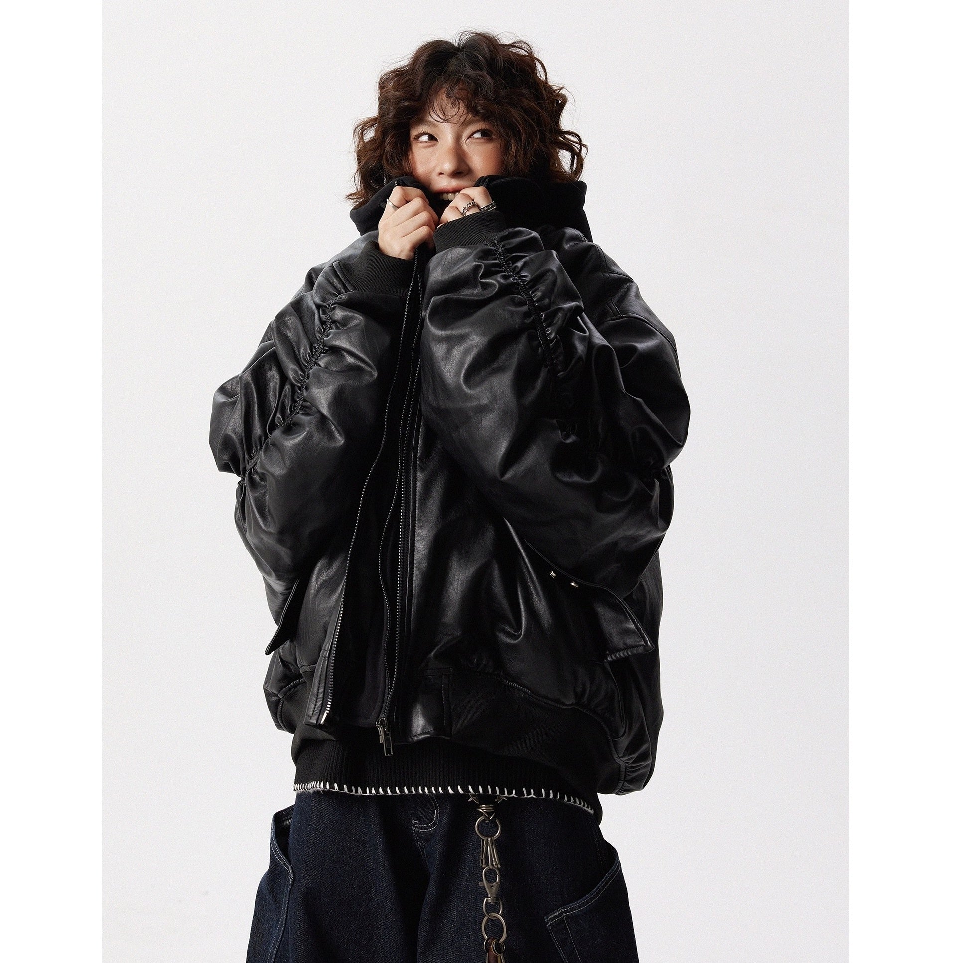 Fake Layered Design Hooded PU Leather Jacket MW10297