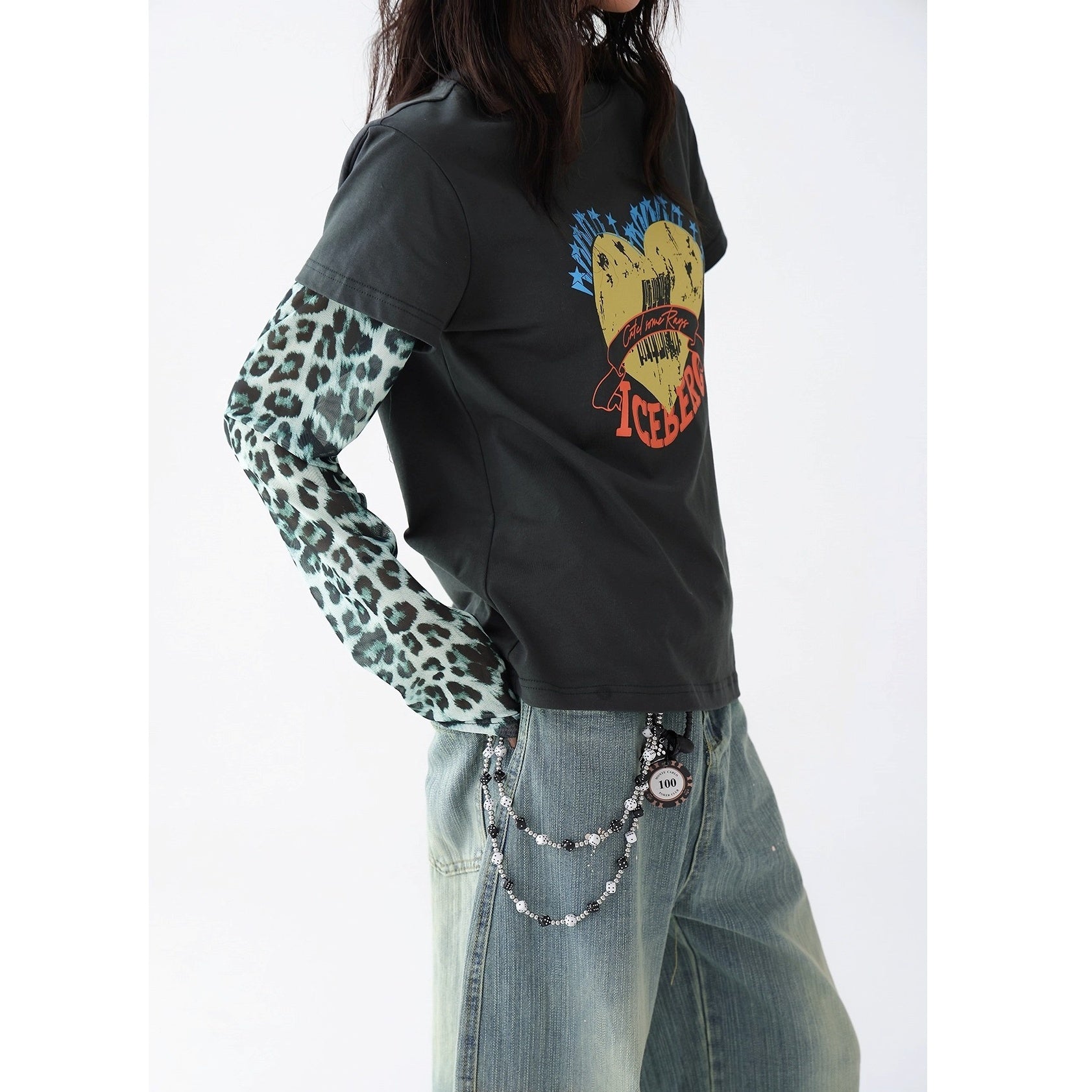 Leopard Print Stitched Fake Layered Long Sleeve T-Shirt AC7140