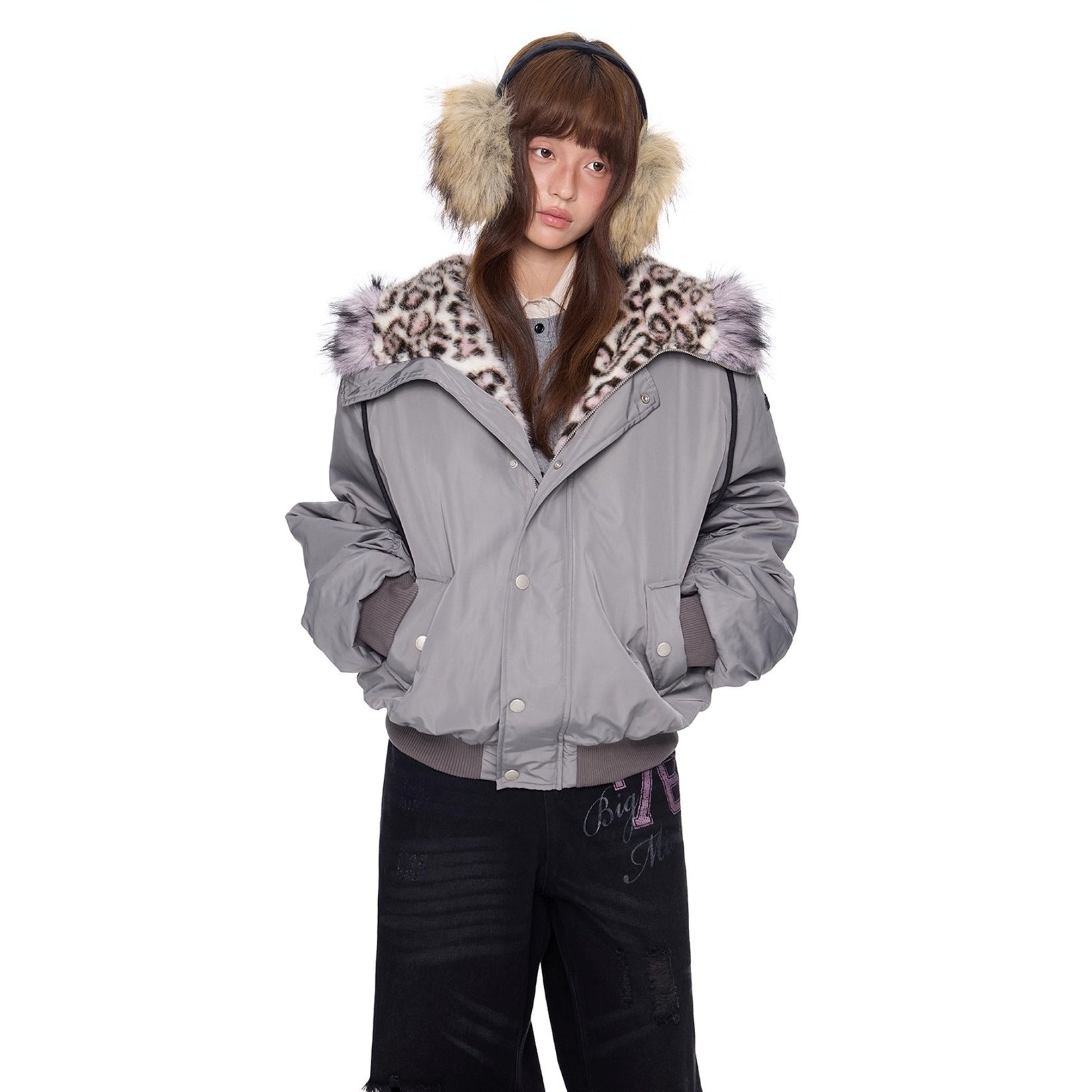 Leopard Liner Fur Short Hooded Jacket EZ273