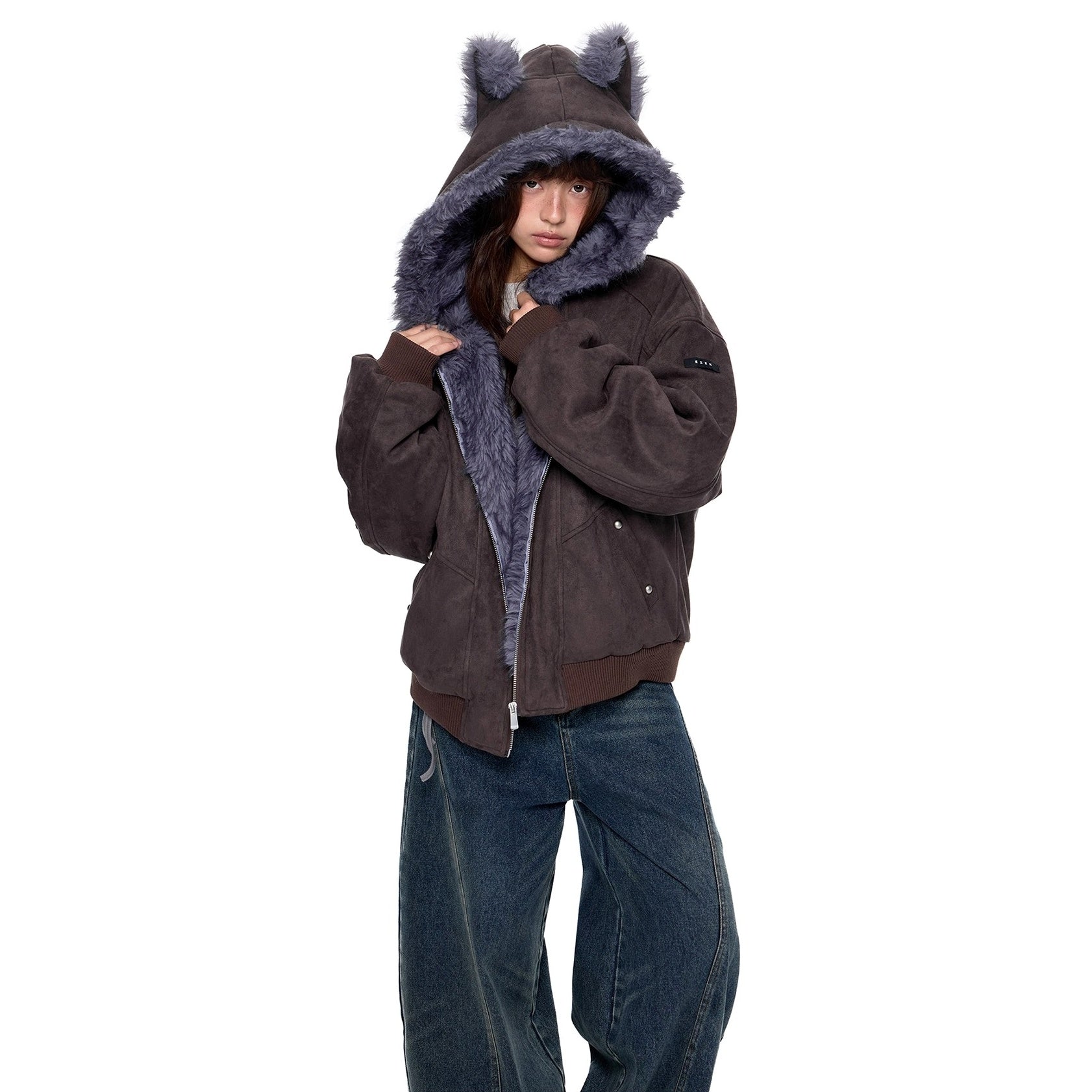 Cat Ear Fluffy Imitation Suede Hooded Jacket EZ250