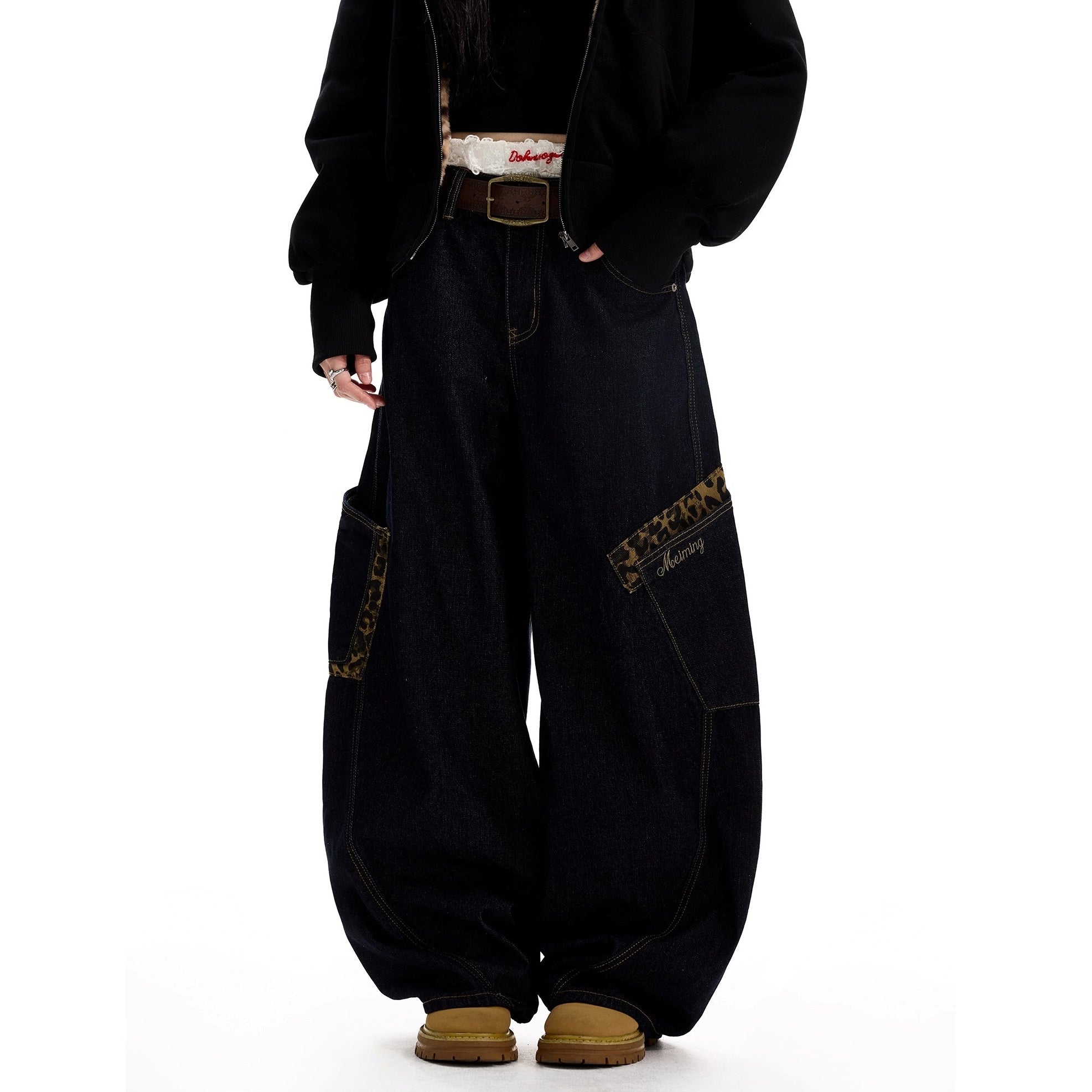 Leopard Print Stitching Large Pocket Design Curve Jeans MW10300