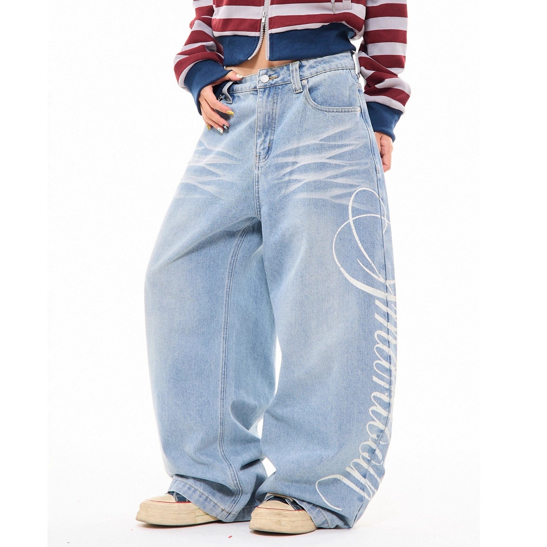Side Print Washed Cat Whiskers Curve Jeans MW10259