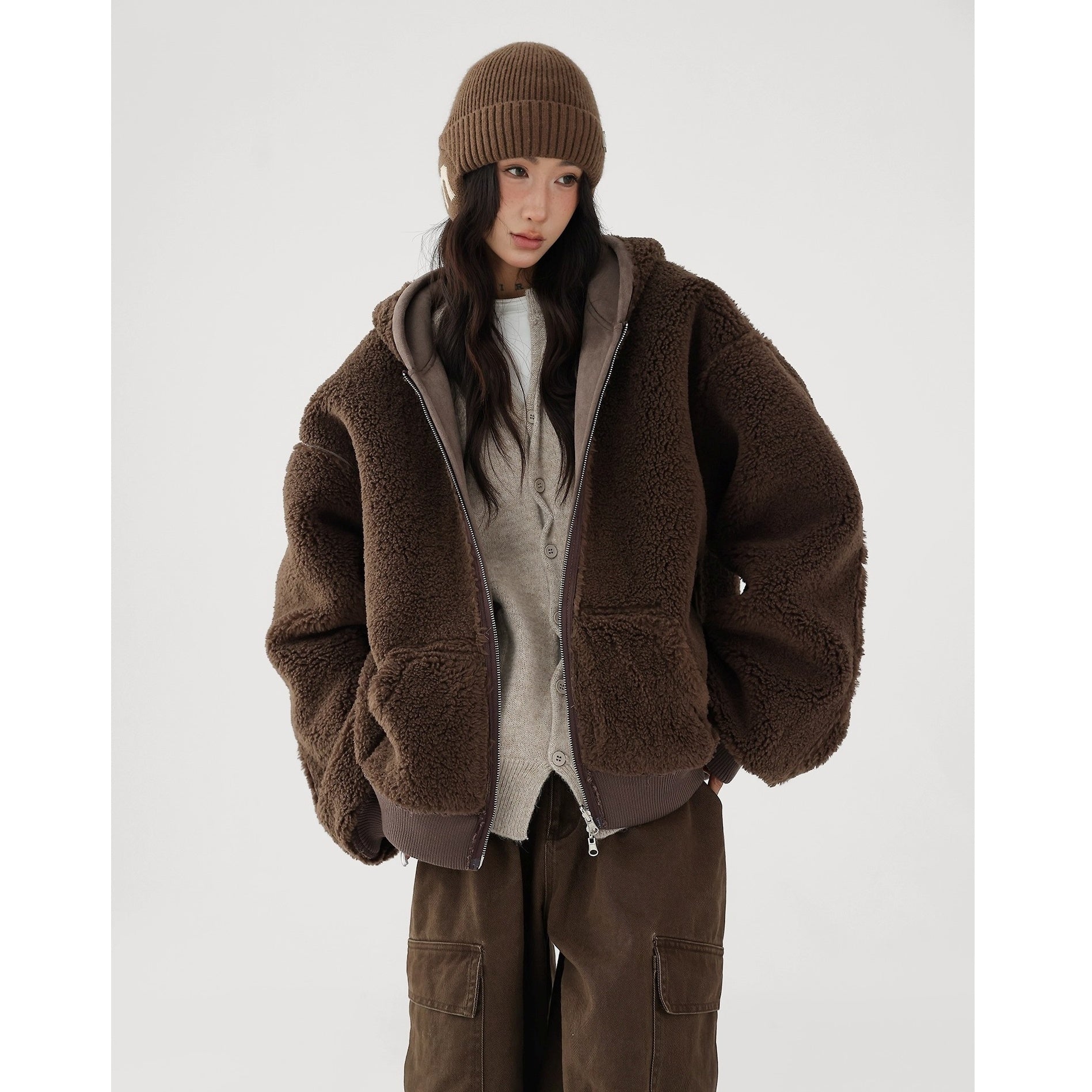 Reversible Polar Fleece Loose Hooded Jacket AC7017