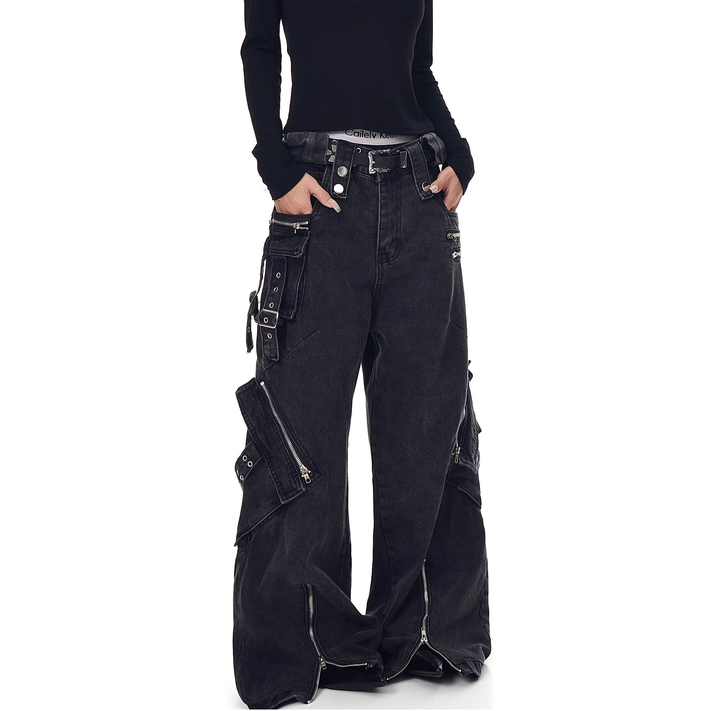 Heavy Washed Zipper Design Cargo Jeans BK7023