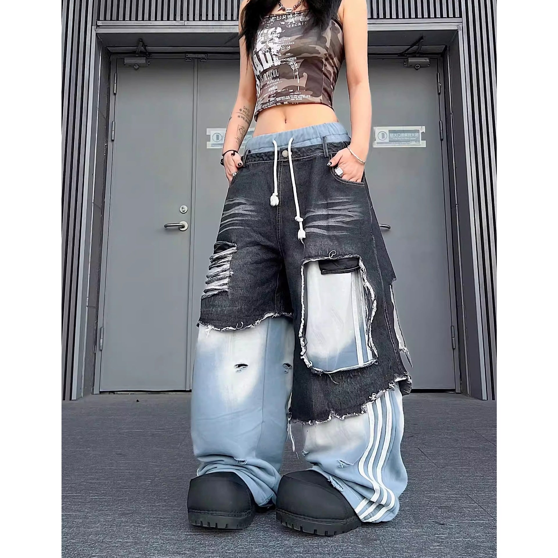 Fake Two Pieces Punk Denim Patchwork Flare Pants MW10338