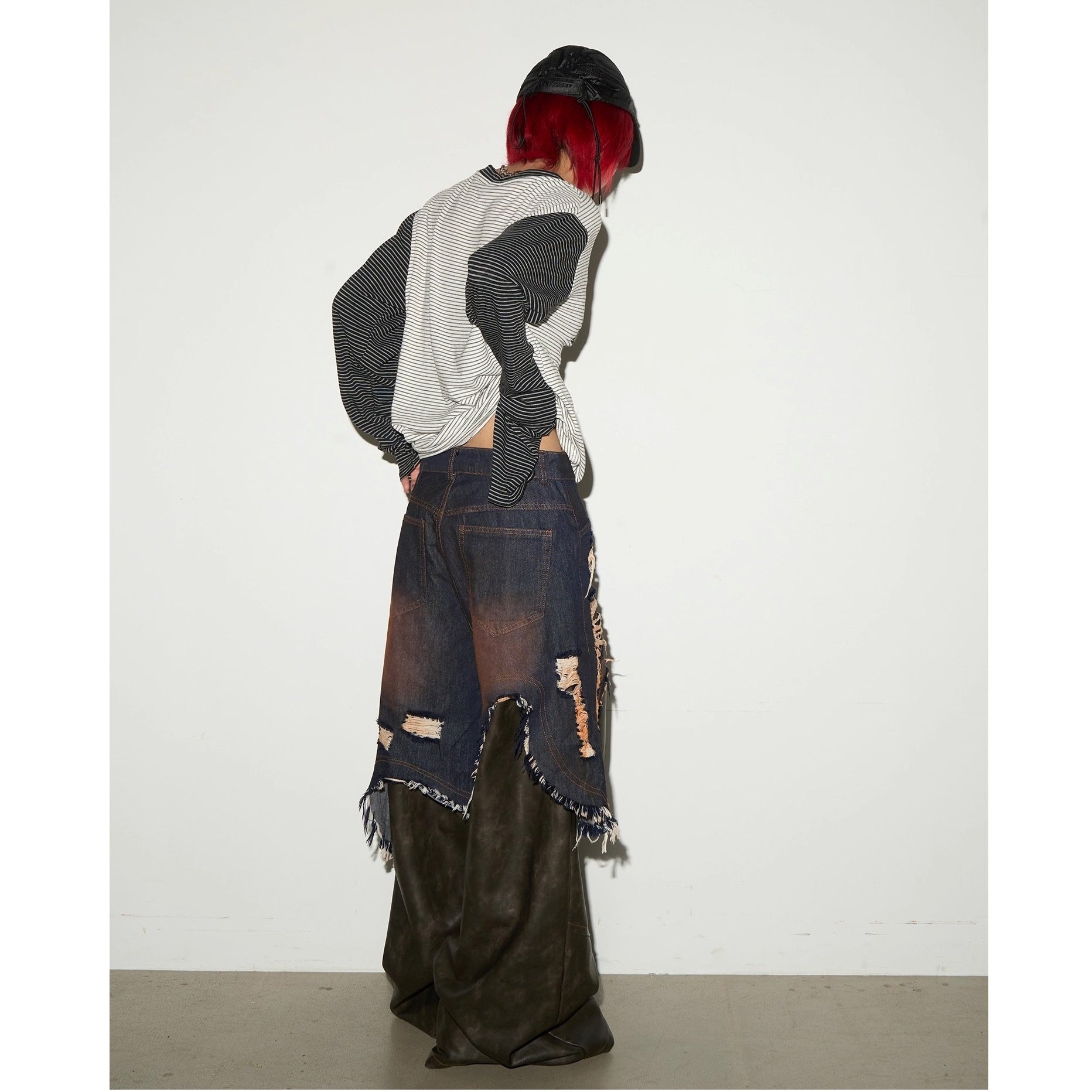 Wide-leg Spliced Leather Denim Pants MN9028