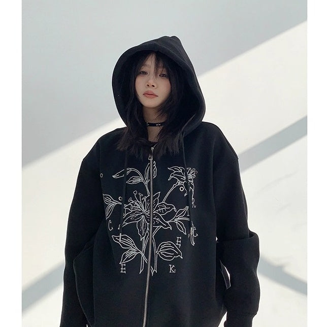 Flower Embroidered Loose Hooded Jacket OS2050