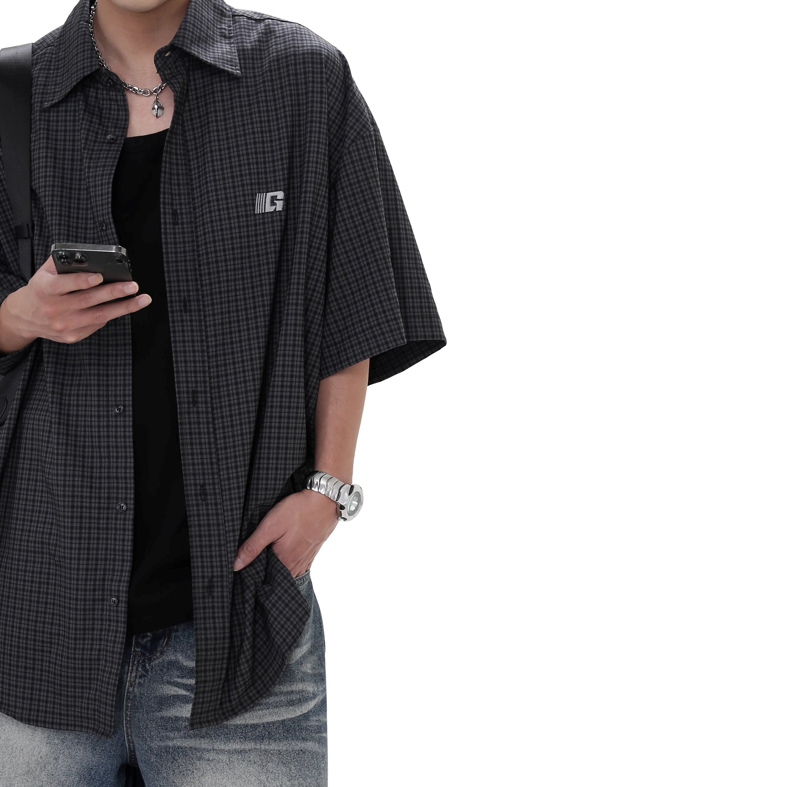Relaxed Embroidery Plaid Shirt GB7032
