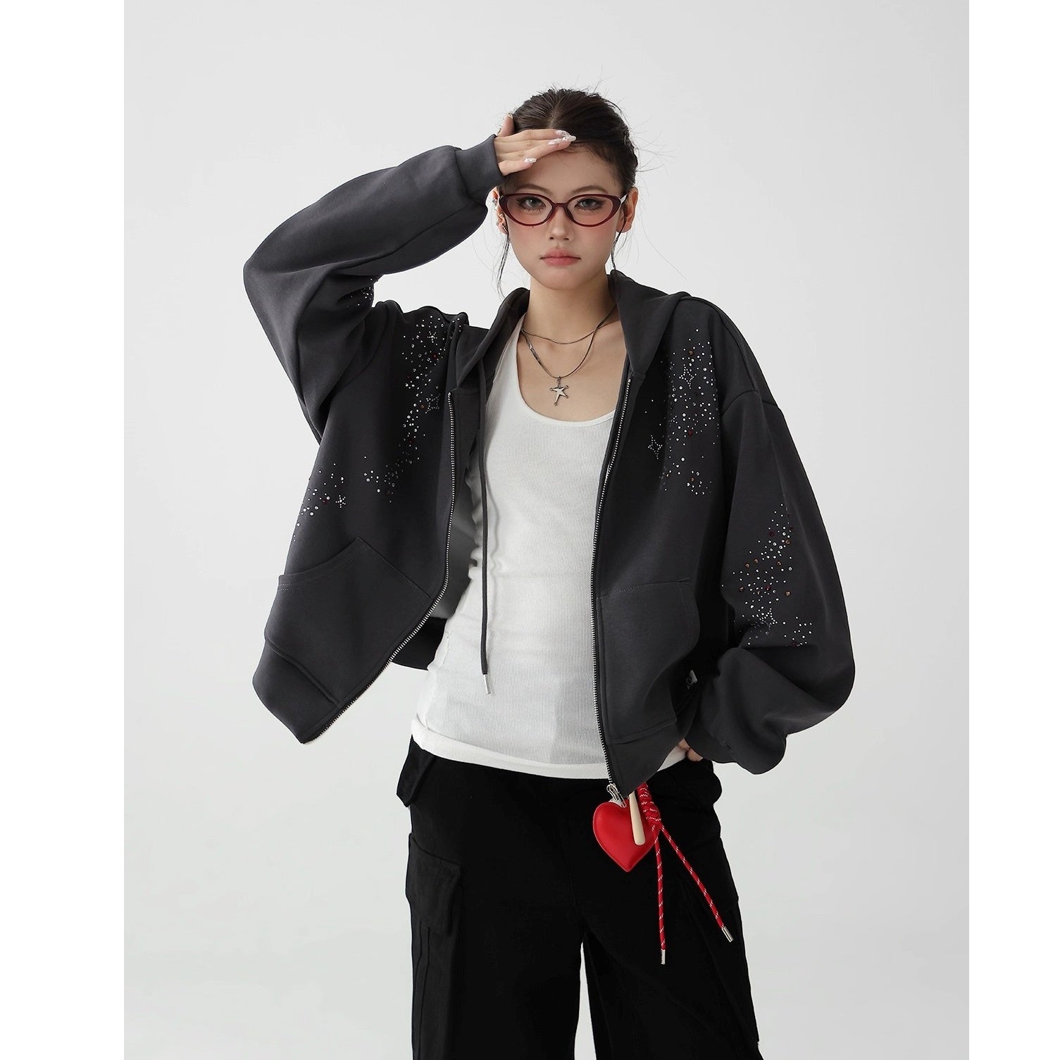 RhineStone Wide Hooded Jacket AC7146