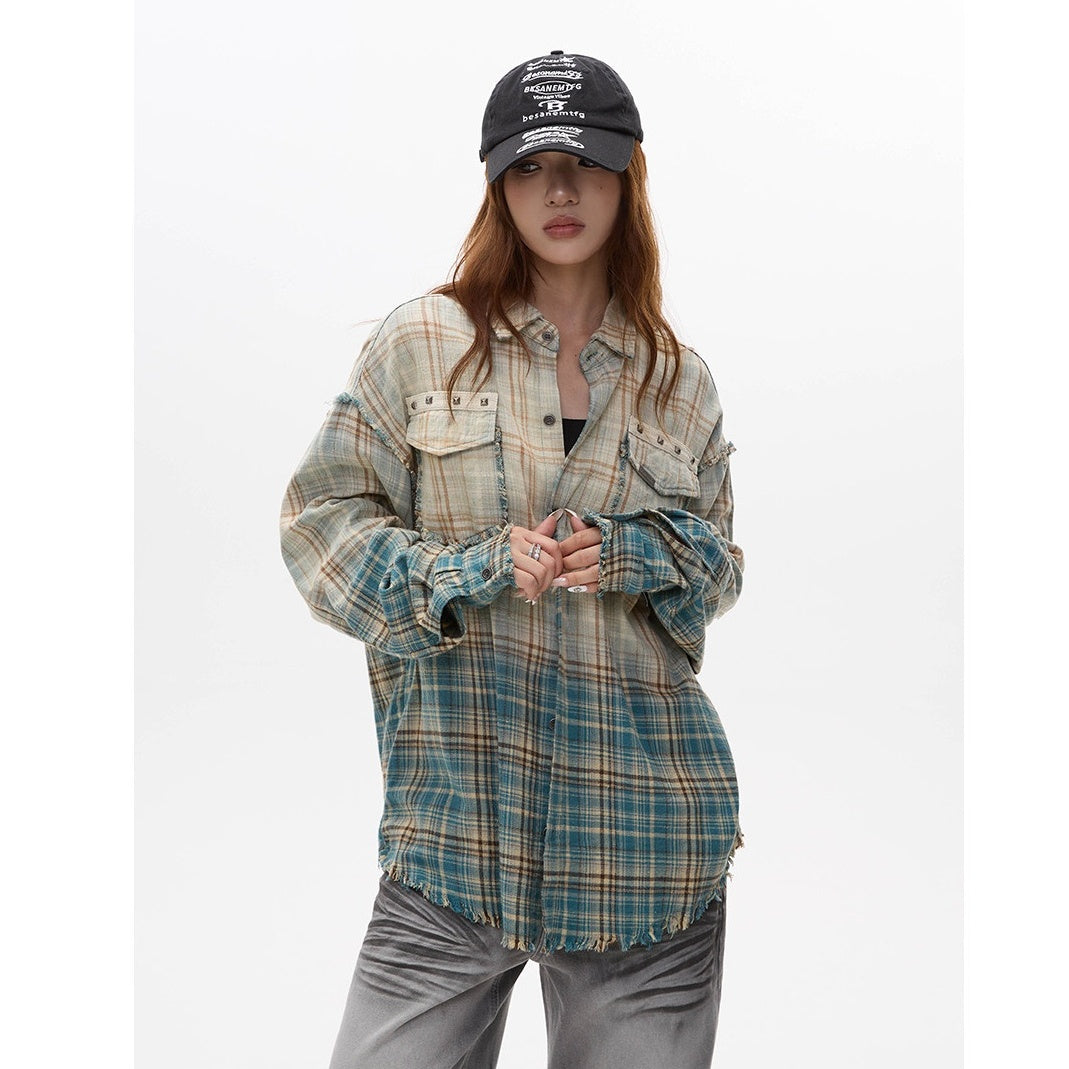 Washed Gradation Raw Plaid Shirt MW10323