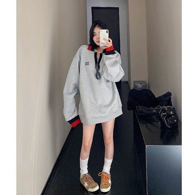 Contrast Polo Collar Loose Sweat OS2045