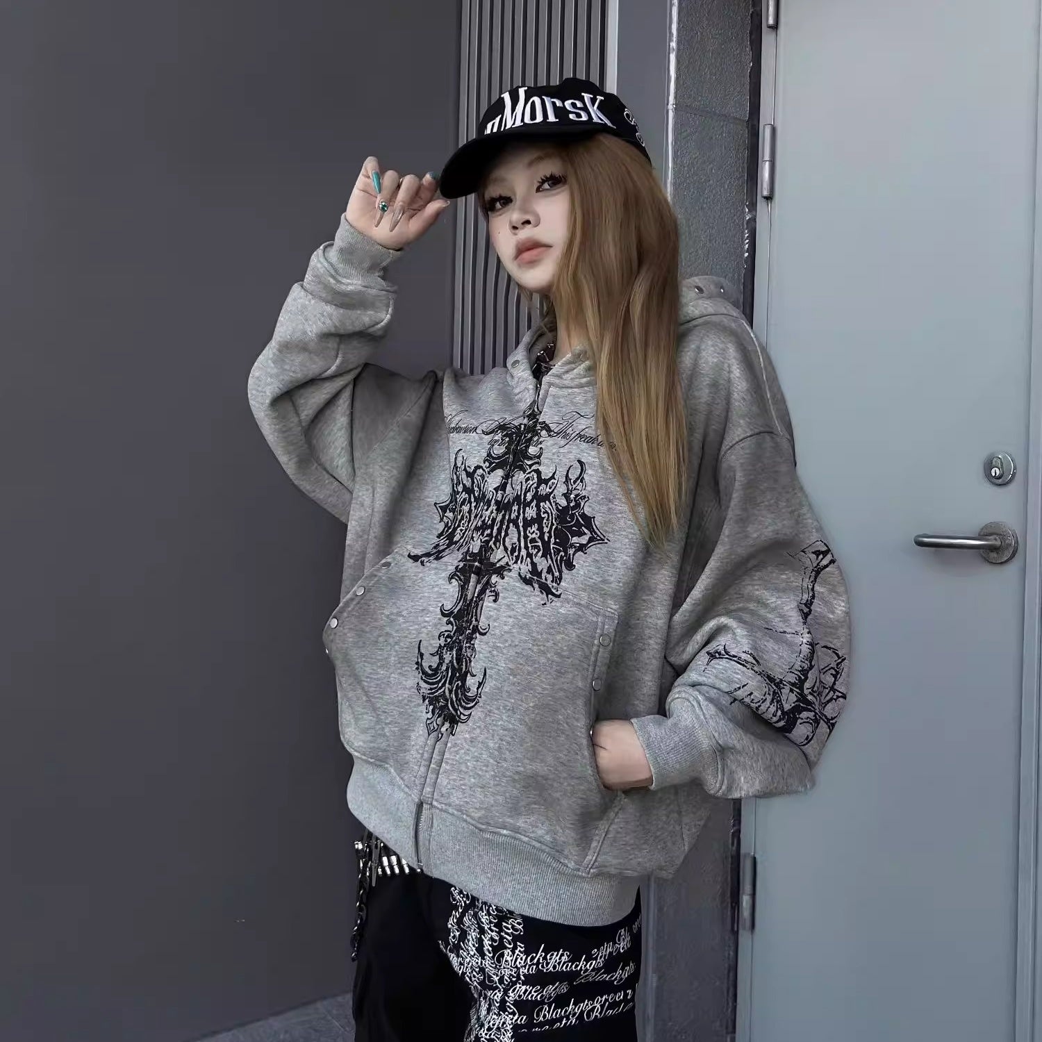 Stained Cross Print Hoodie Jacket MW10335