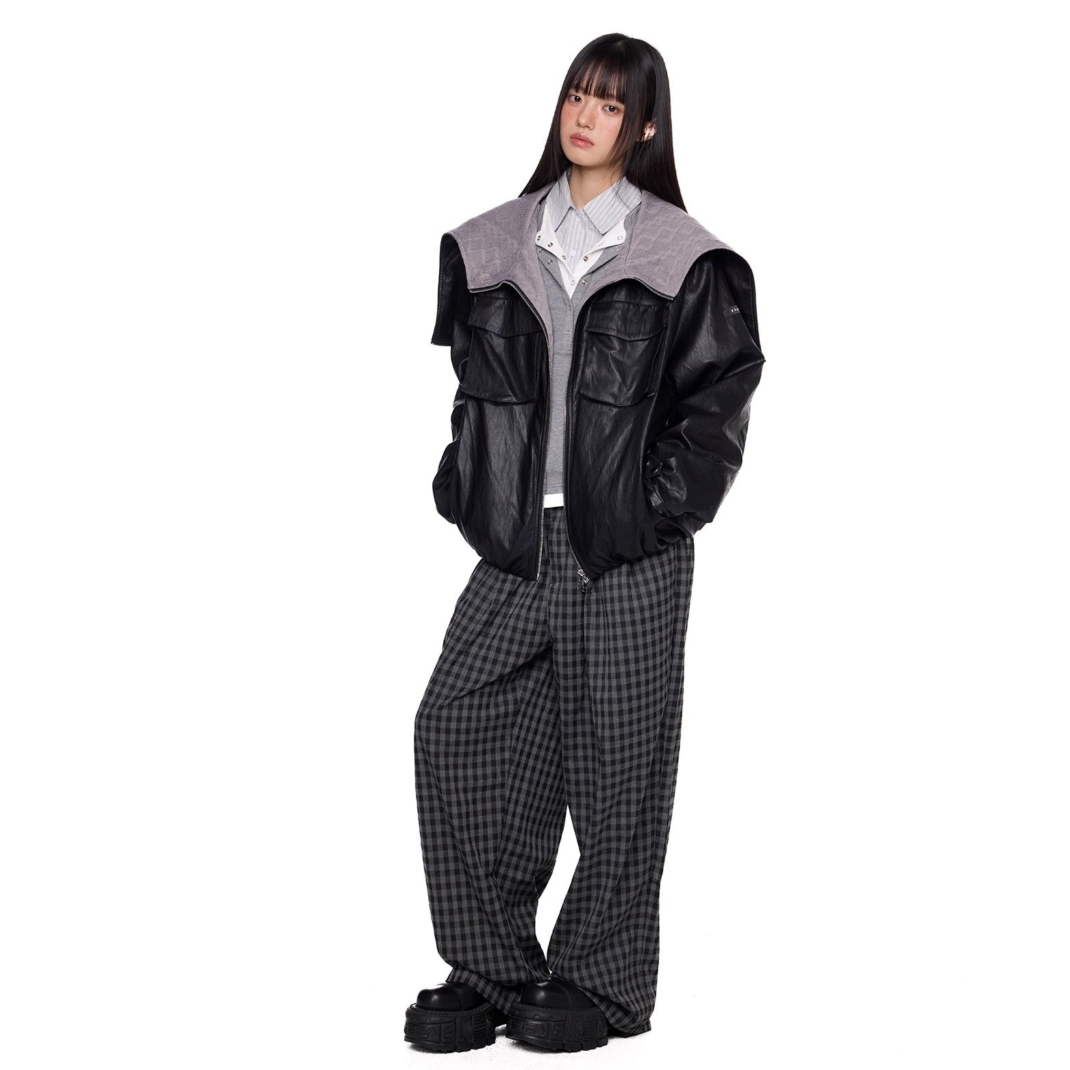 Zipper Split Hood PU Leather Jacket EZ261