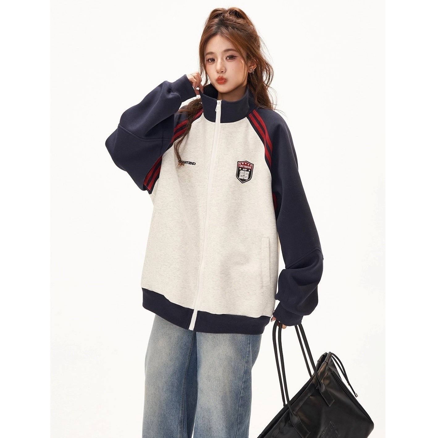 Stand-Collar Raglan Color-blocked Sweat Jacket CA7010