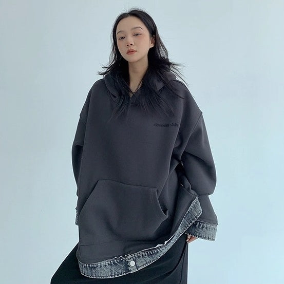 Contrasting Splicing Denim Hooded Sweat OS2056