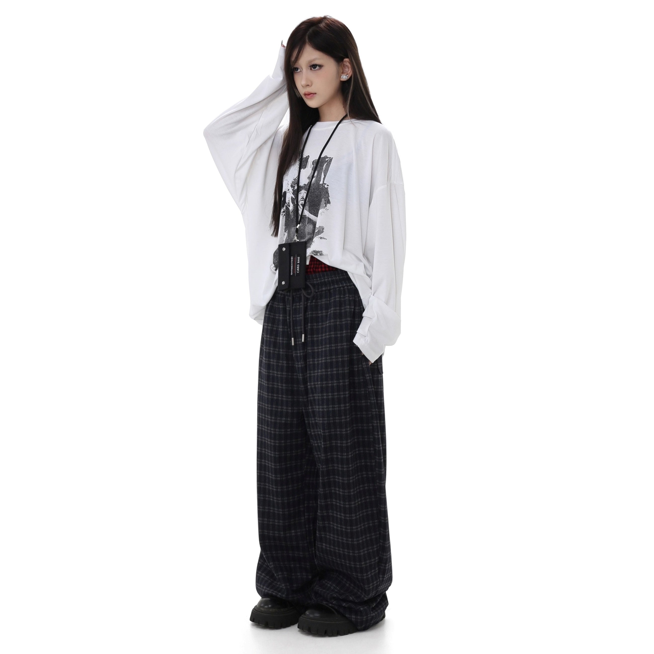 Elastic Waist Plaid Wide-leg Pants GB7038
