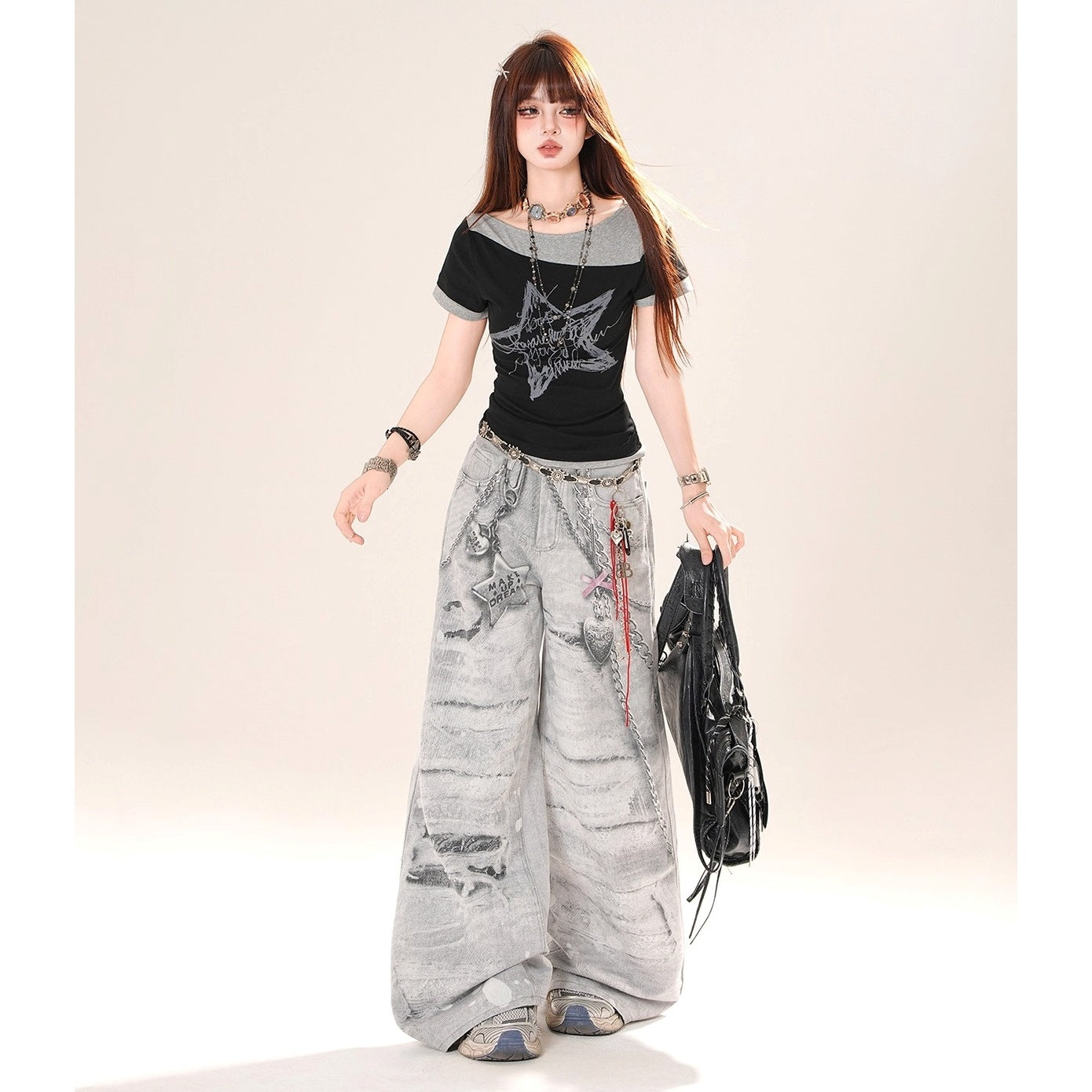 Chain＆Charm Print Loose Jeans KK2074