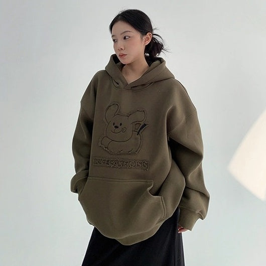 Retro Patch Embroidery Cartoon Plush Hoodie OS2070