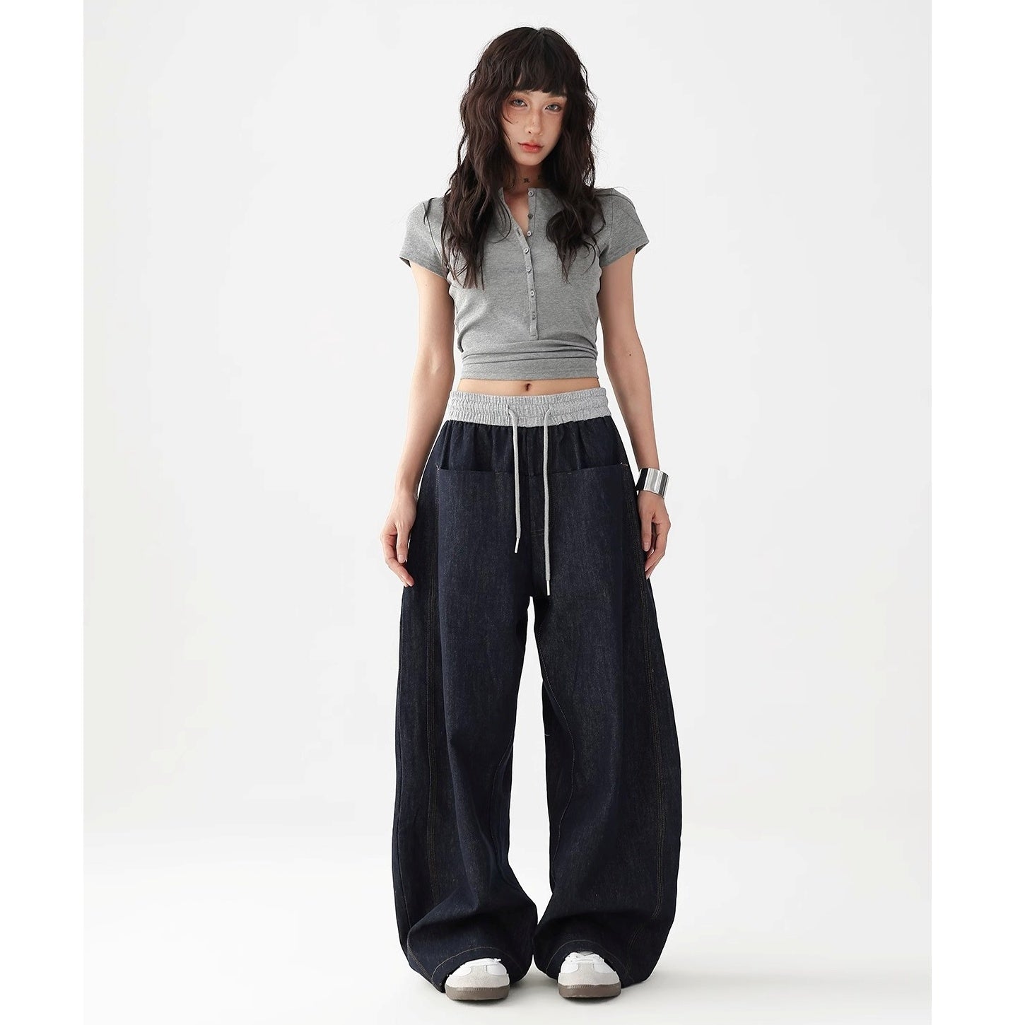 Panelled Elasticated Waistband Loose Curve Jeans AC7121