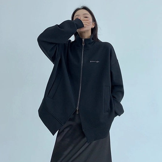 Double Zipper Stand Collar Loose Jacket OS2041