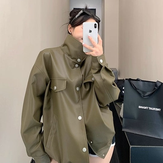 High-Neck PU Leather Jacket OS2046