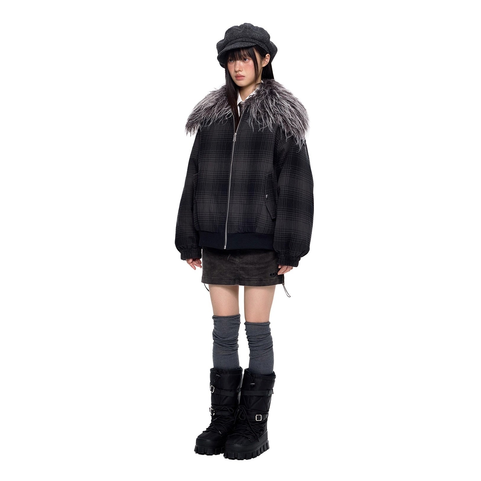 Fur Collar Shawl Plaid Jacket EZ249