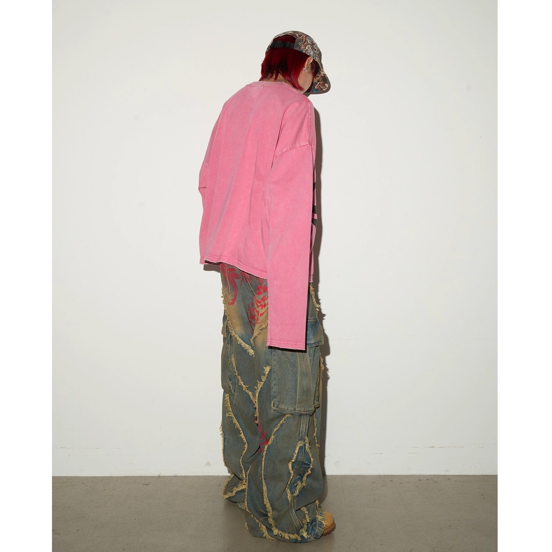 Pigment Print Raw Edge Wide Cargo Jeans MN9047