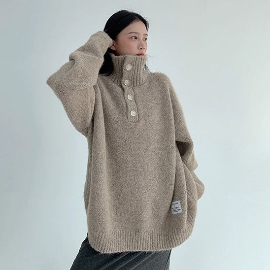 High Neck Half-Button Loose Sweater OS2054