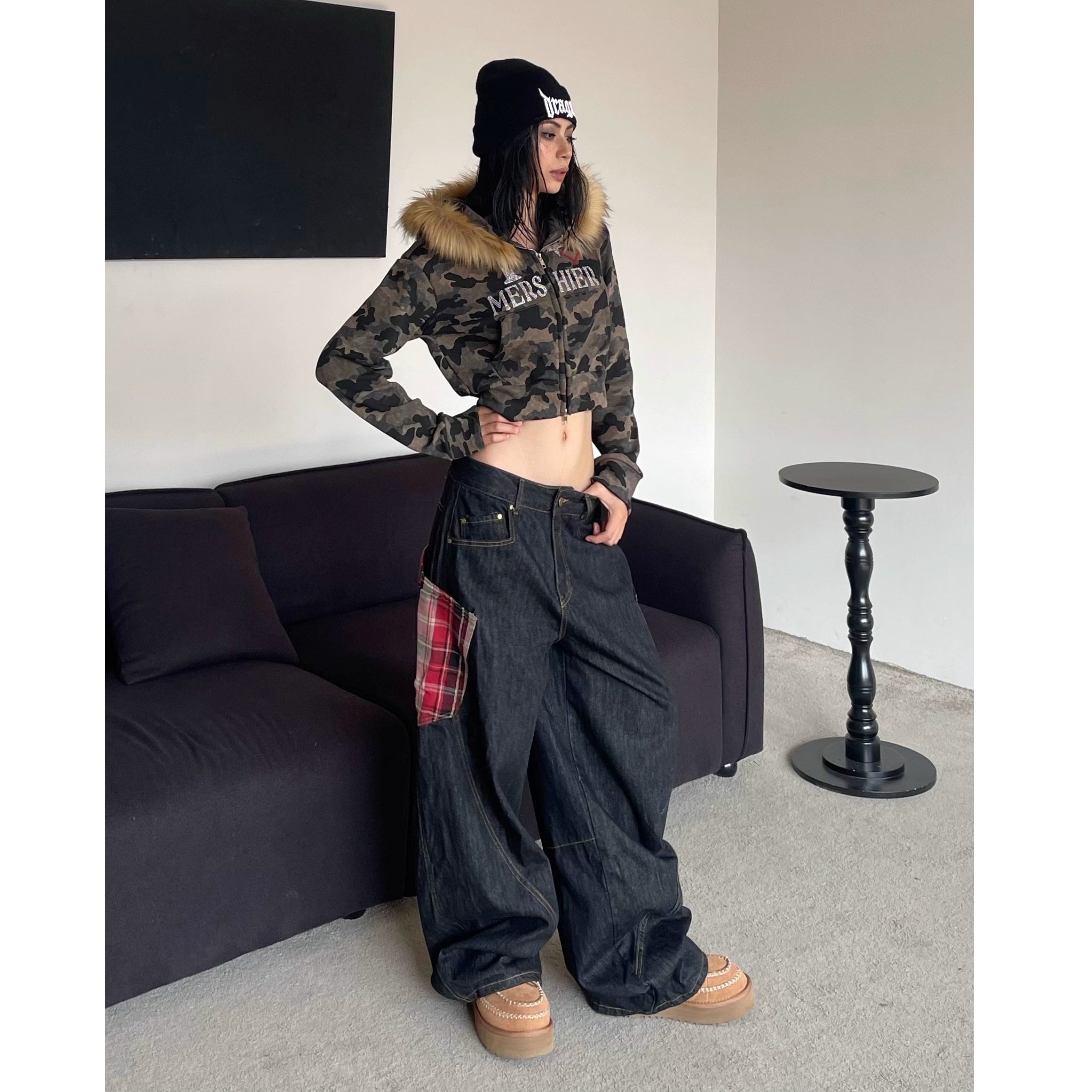 Fur Collar Camouflage Rhinestone Cropped Hoodie Parka MW10302