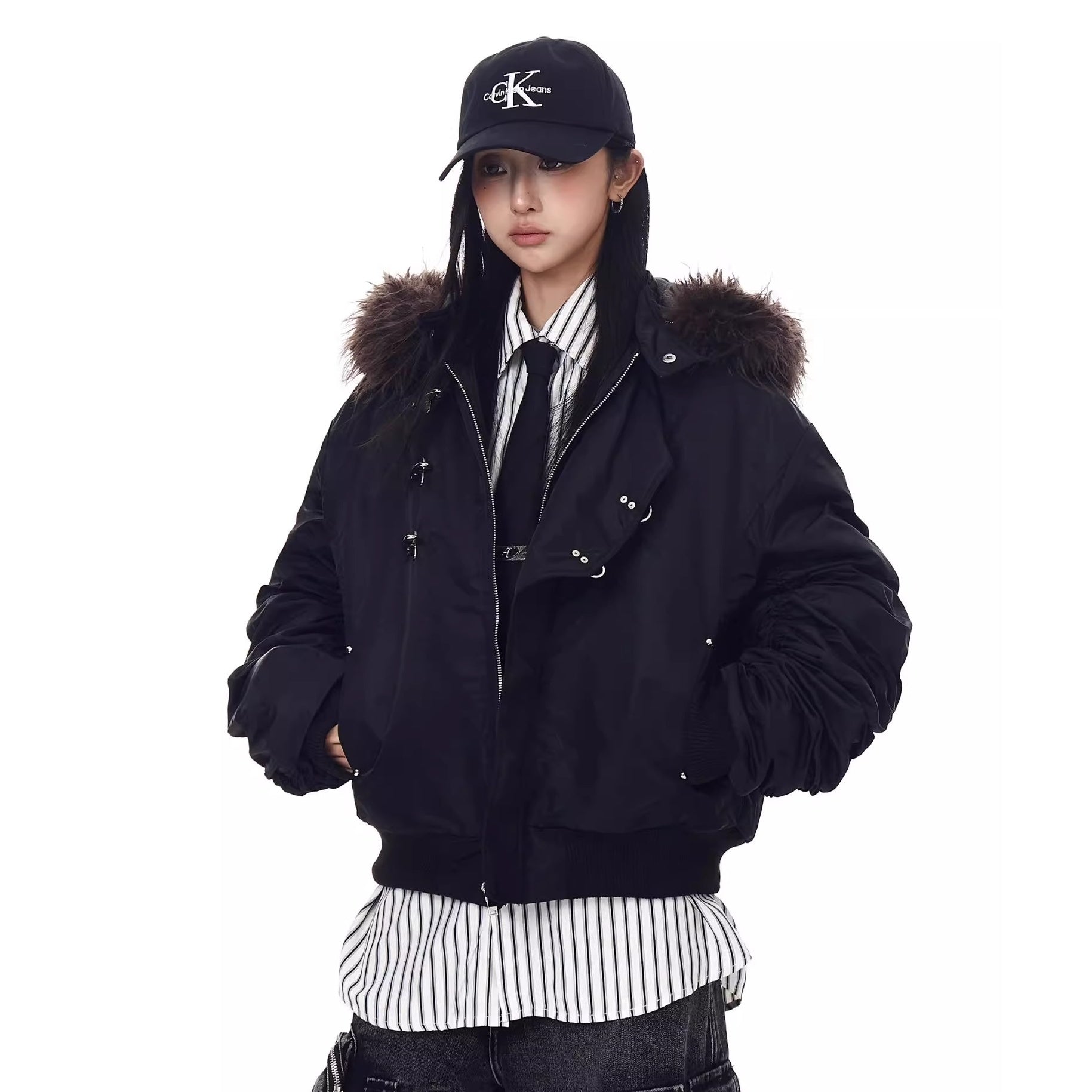 Fur Collar Airplane Buckle Hooded Jacket MW10305