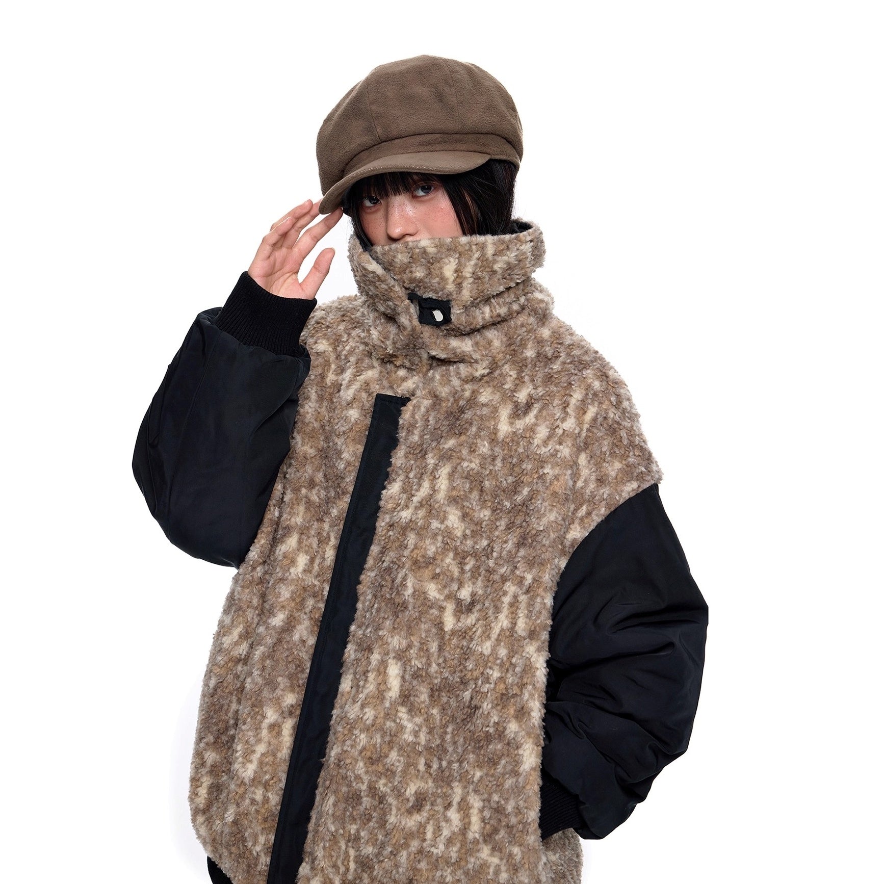 Fluffy Contrasting Lapels Reversible Jacket EZ283