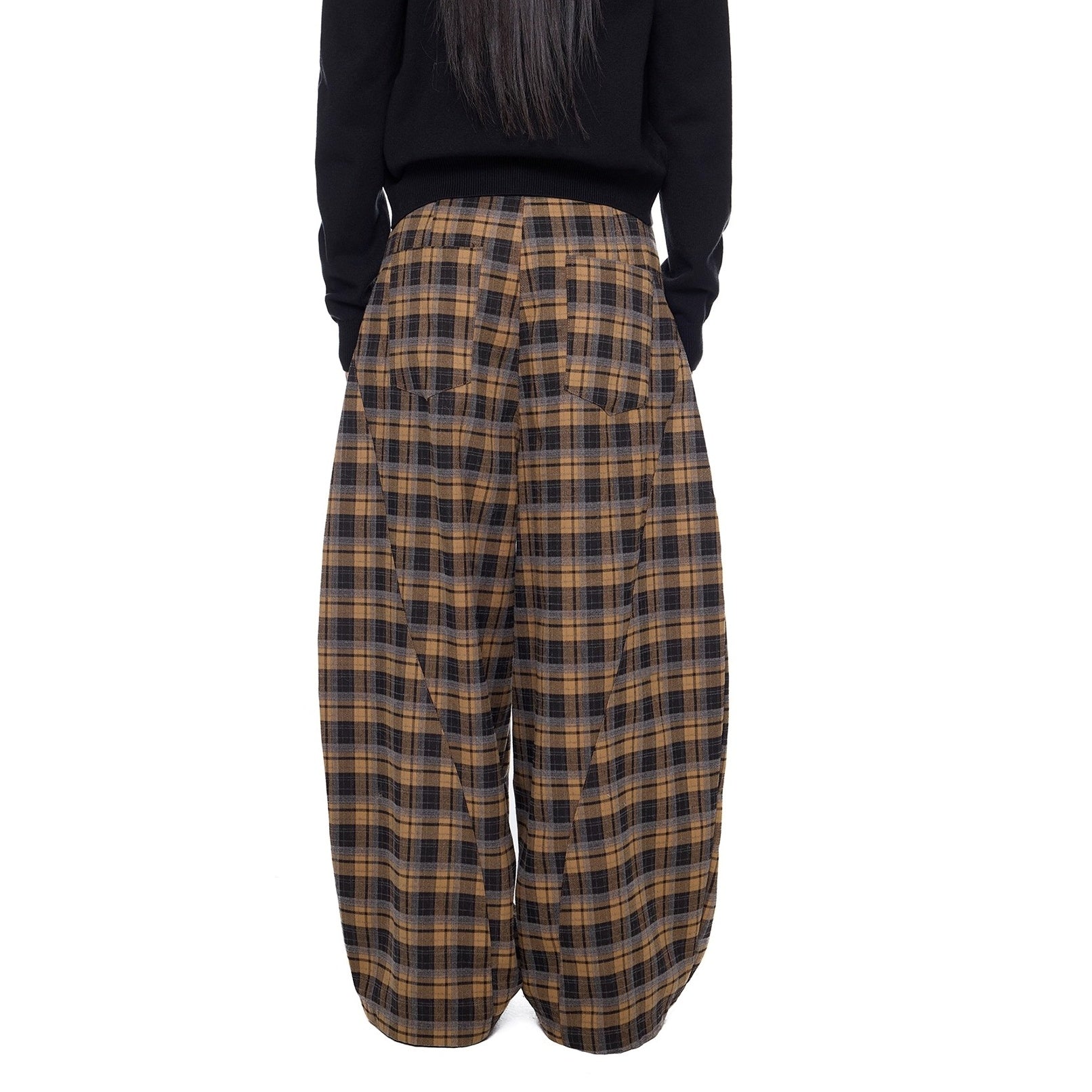Retro Plaid Switching Wide Curve Pants EZ268