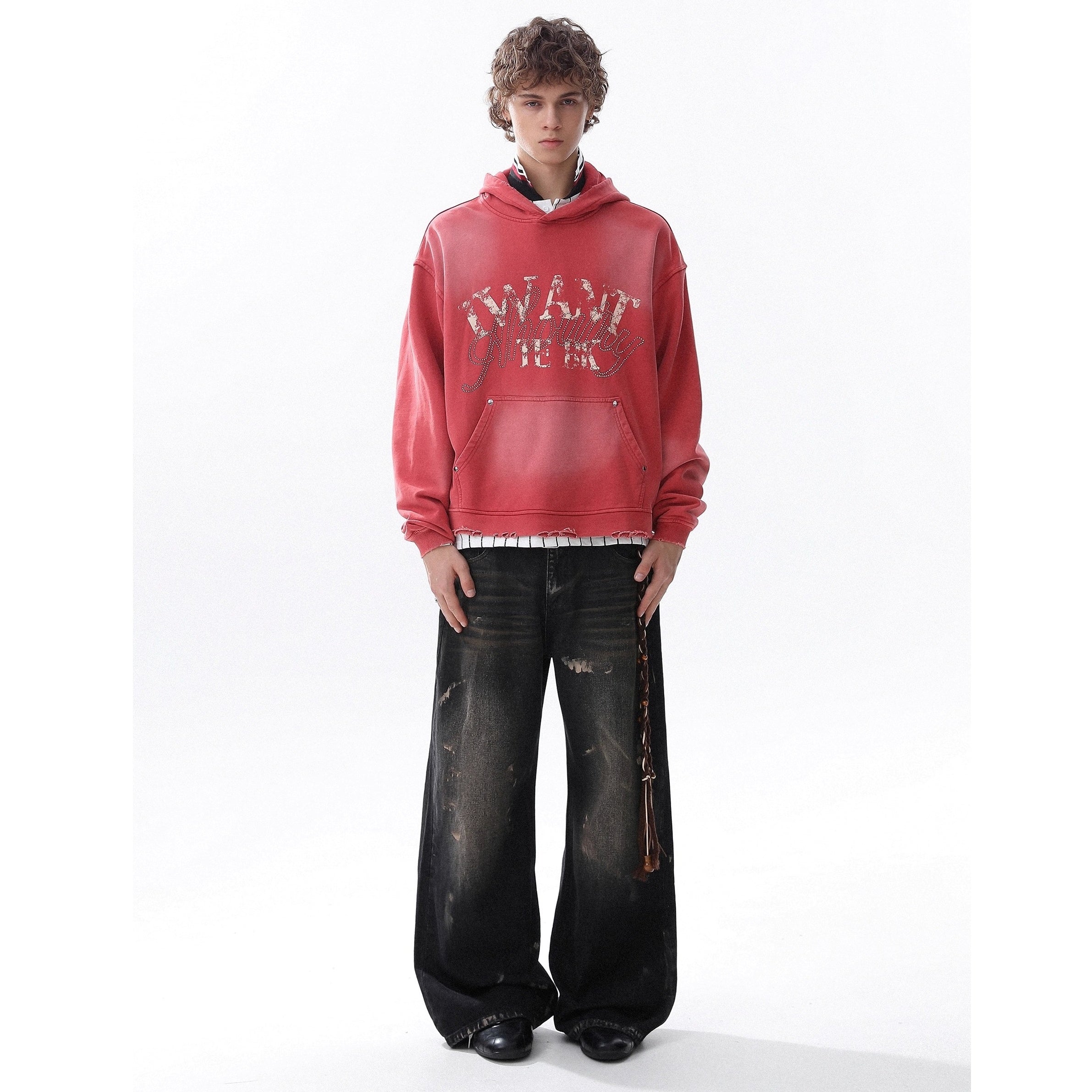 RhineStone Letter Print Damage Hoodie MR8025